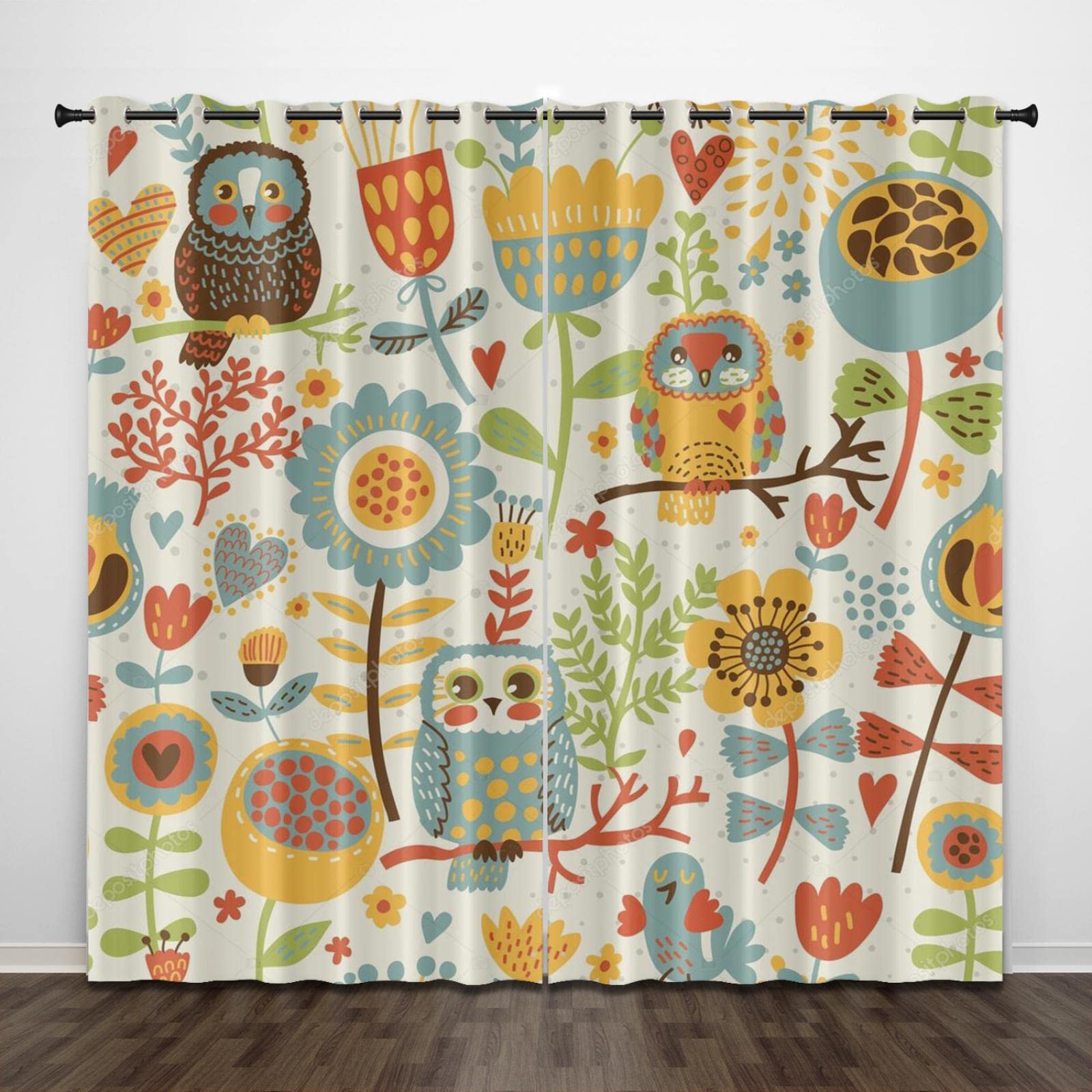 3D Blackout Curtains for Bedroom cartoon animal owl flower 104x94 Inch Super Soft Curtain Eyelet Ring Top Thermal Insulated Window Treatment Darkening Drapes for Living Room kids Room Decorativ