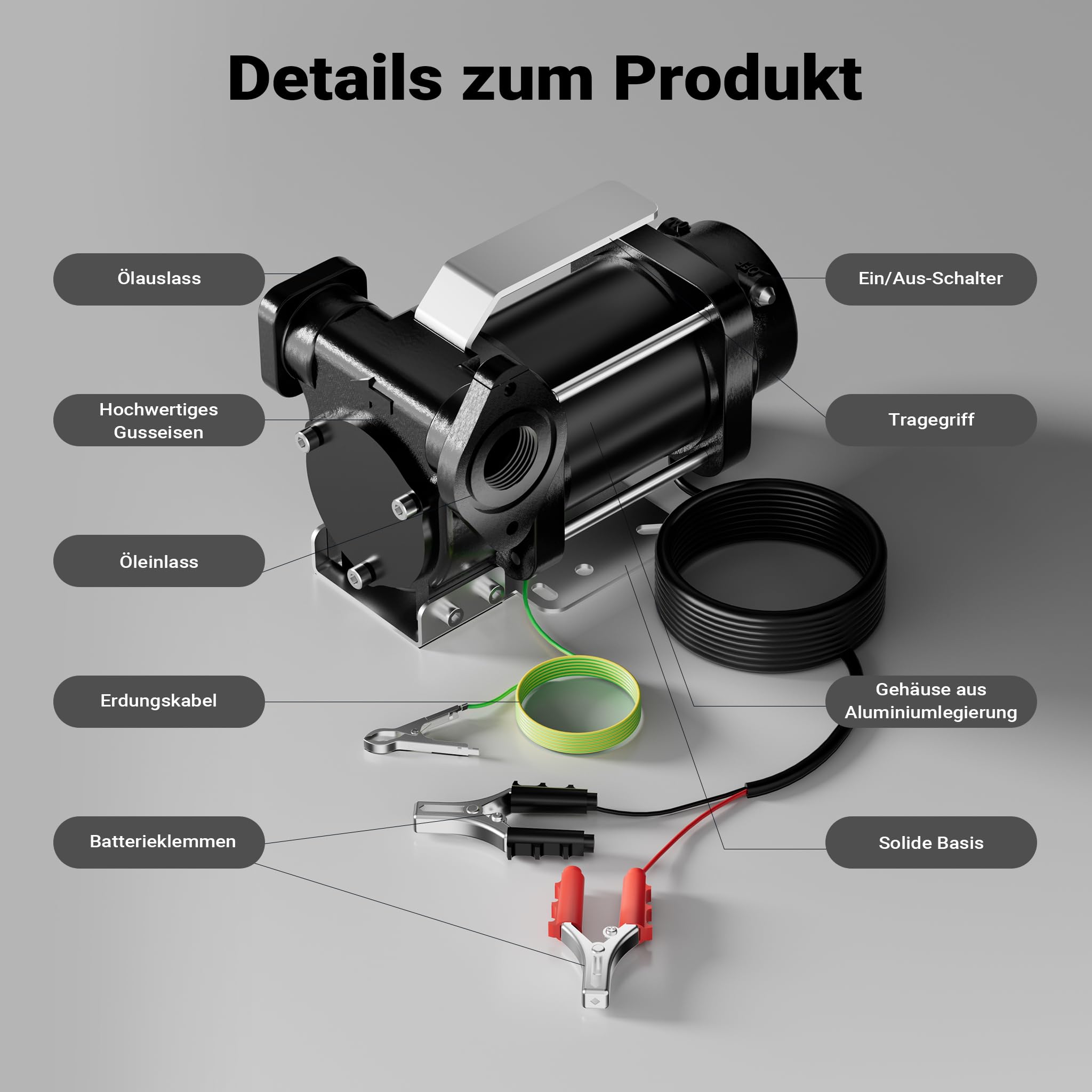 Wiltec Transferpumpe 12 V, 180 W Kraftstoffpumpe 40 l/min, Förderpumpe für Diesel/Benzin, Kraftstoffförderpumpe 4200 U/min