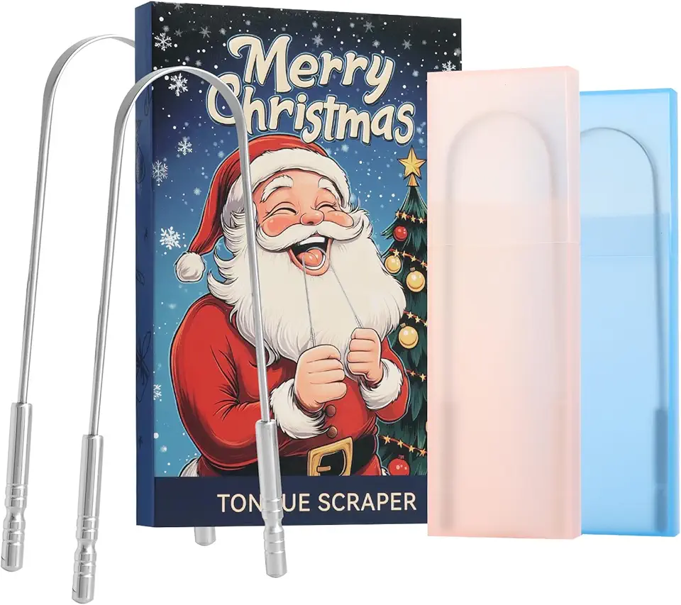 Tongue Scraper for Adults with Multicolor Travel Cases (2 Pack), Stocking Stuffers for Women Men White Elephant Gifts for Who Have Everything, 100% Stainless Steel Tongue Scrubber Tongue Cleaner