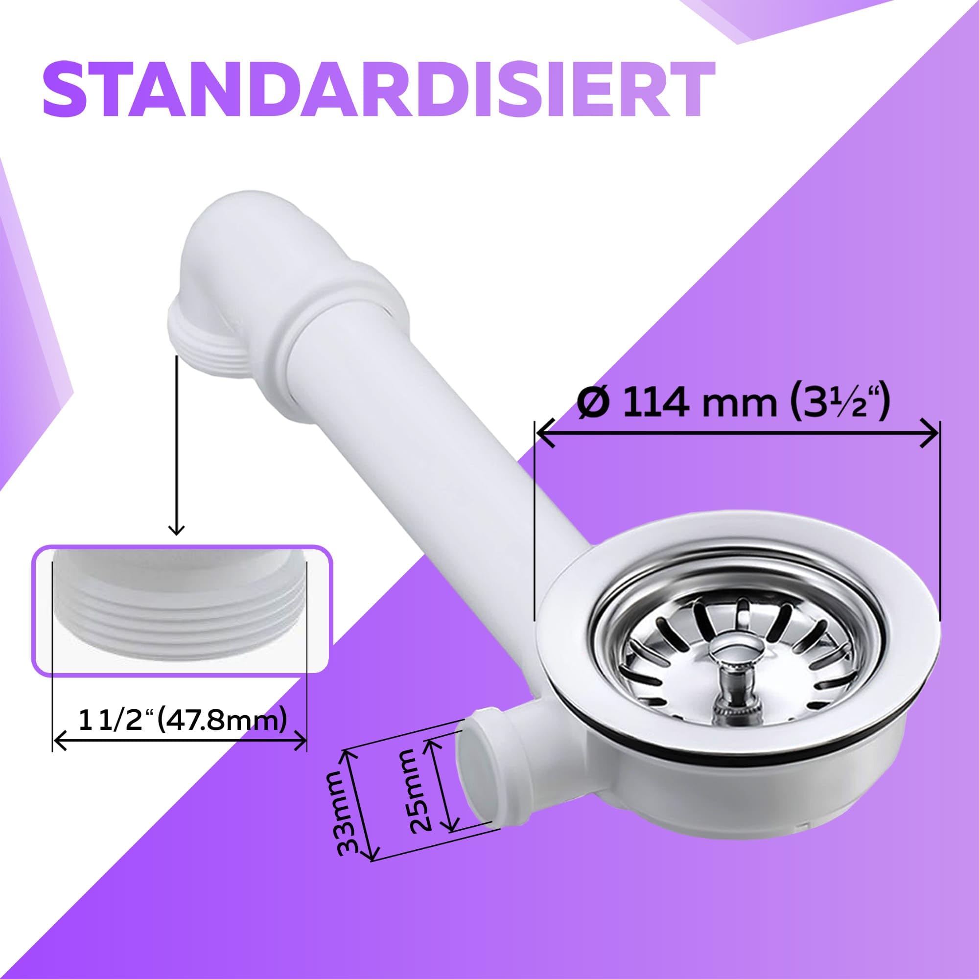 Bonde d'écoulement de cuisine avec bonde à tamis 114 mm (3 1/2") avec coude d'évacuation – 1 1/2" pour raccord de siphon