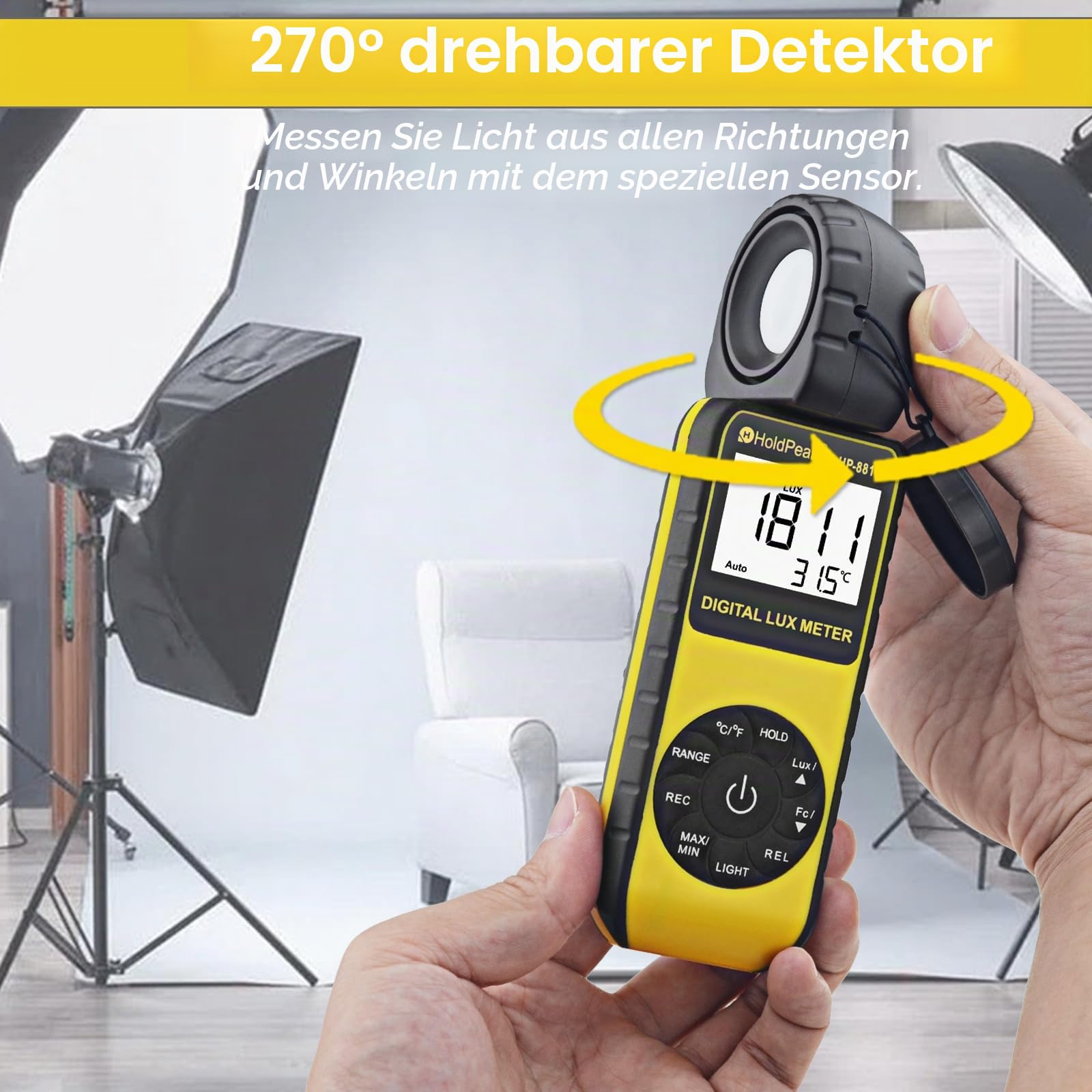 Digitales Lichtmessgerät HoldPeak 881D 0,01~400,000 Lux, Lux Messgerät 270°Drehbare Sonde mit Datenspeicherung, Lux Lichtmessgerät für Pflanzen/LED-Licht/Digitale Fotografie