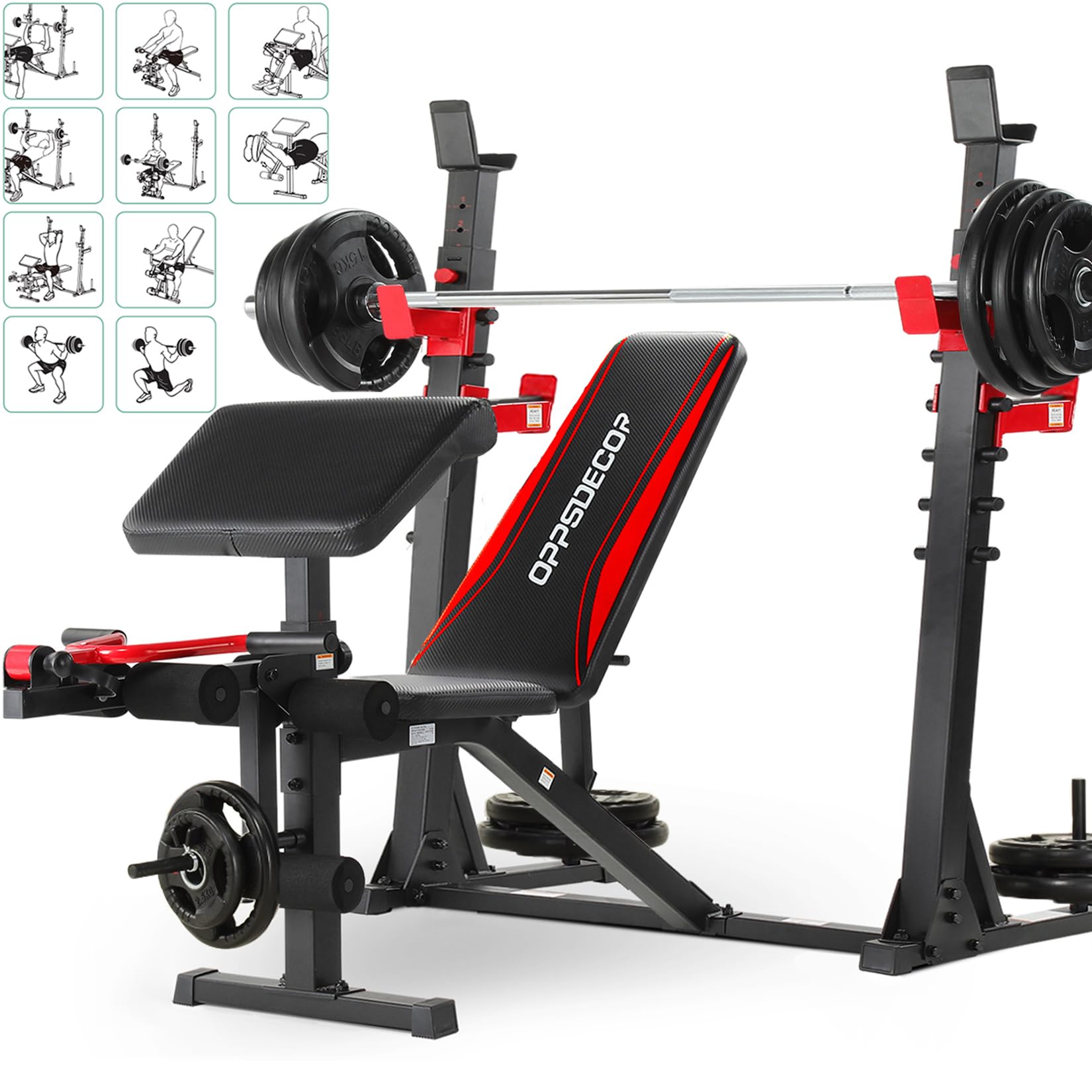 OPPSDECOR Professional Weight Bench Set with Barbell/Squat Rack, 900LBS Heavy Duty Bench Press Set with Leg Curl/Extension and Preacher Curl, Adjustable Full-Body Workout Bench for Home Gym Fitness