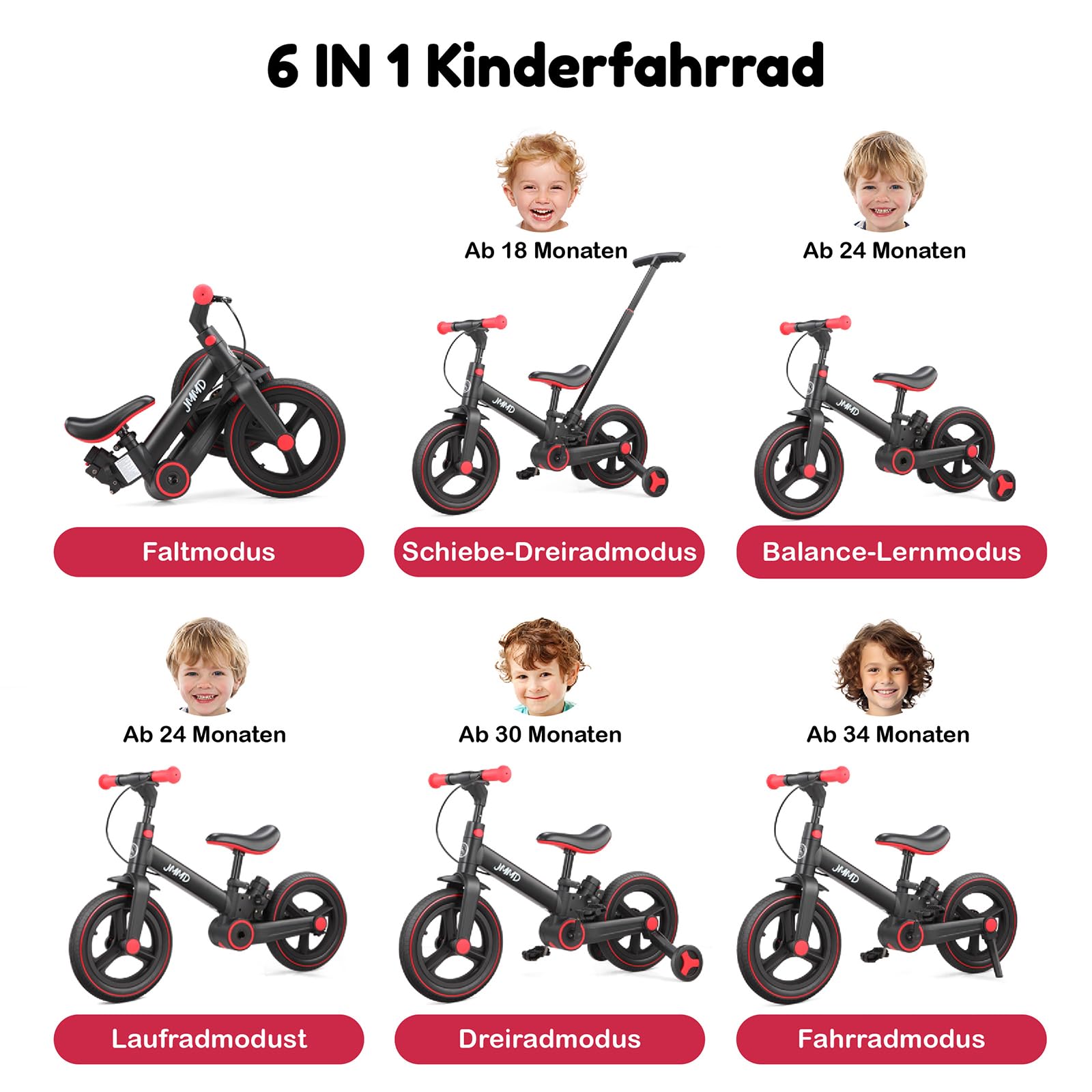 JMMD 6-in-1 Kinderfahrrad mit Stützrädern und Pedalen, Alter 18 Monate-5 Jahre, 12 Zoll Konvertierbares und Faltbares Laufrad & Fahrrad mit Verstellbarem Elternschiebegriff, Ständer, Bremsen