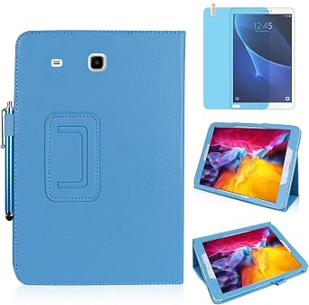 Slim Leather Case for Samsung Galaxy Tab E 9.6 Inch 2015 SM-T560 T561 T565 T567V, Multi-Angle St-Protective Tablet Cover Book Case with Stylus Pen,Screen Film Sky Blue