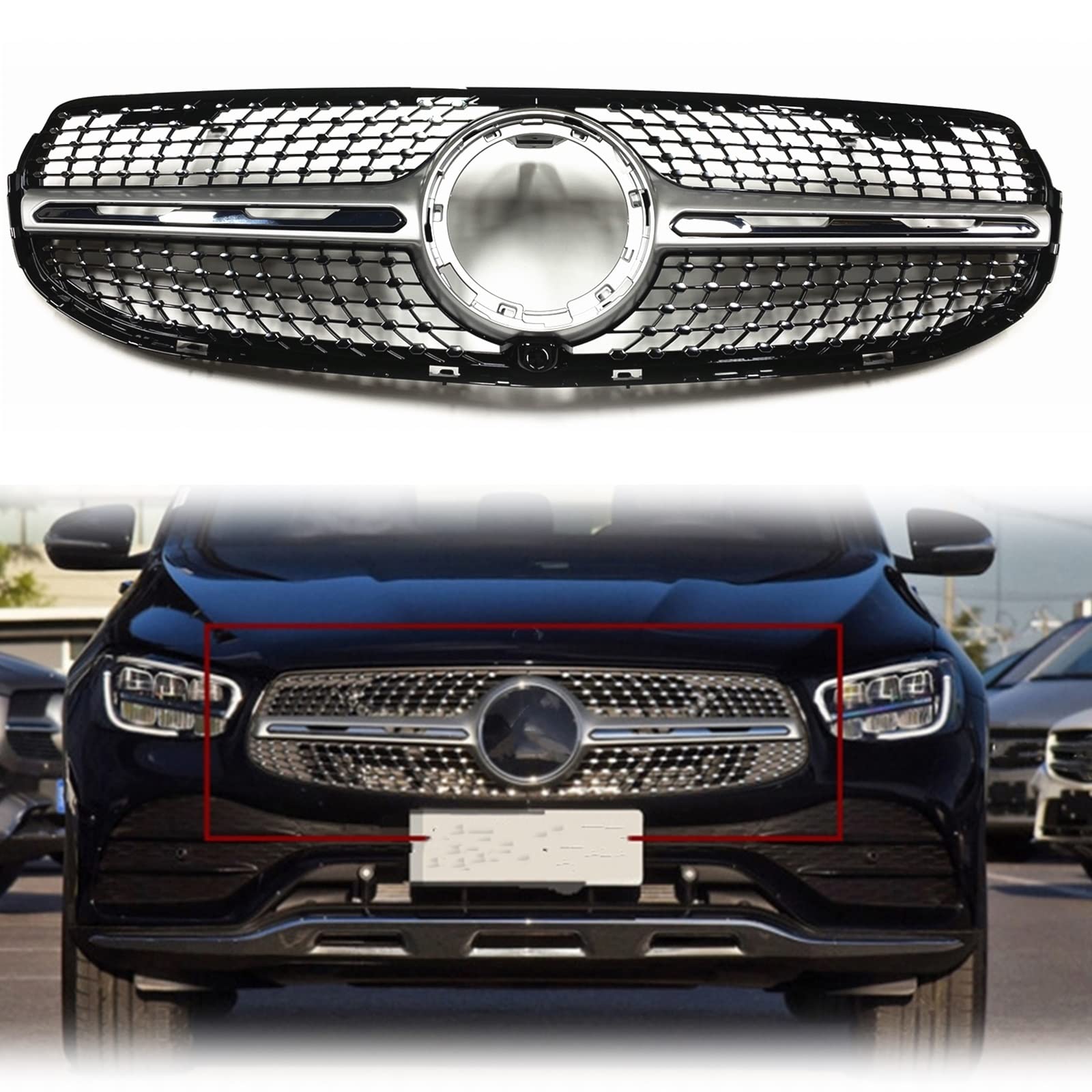 CHEVVY Griglia Anteriore Griglia Silver Diamond Style Griglia Superiore in Rete per Auto per Benz Classe GLC W253/X253 2020-2021 GLC250 GLC300 GLC350 Accessori