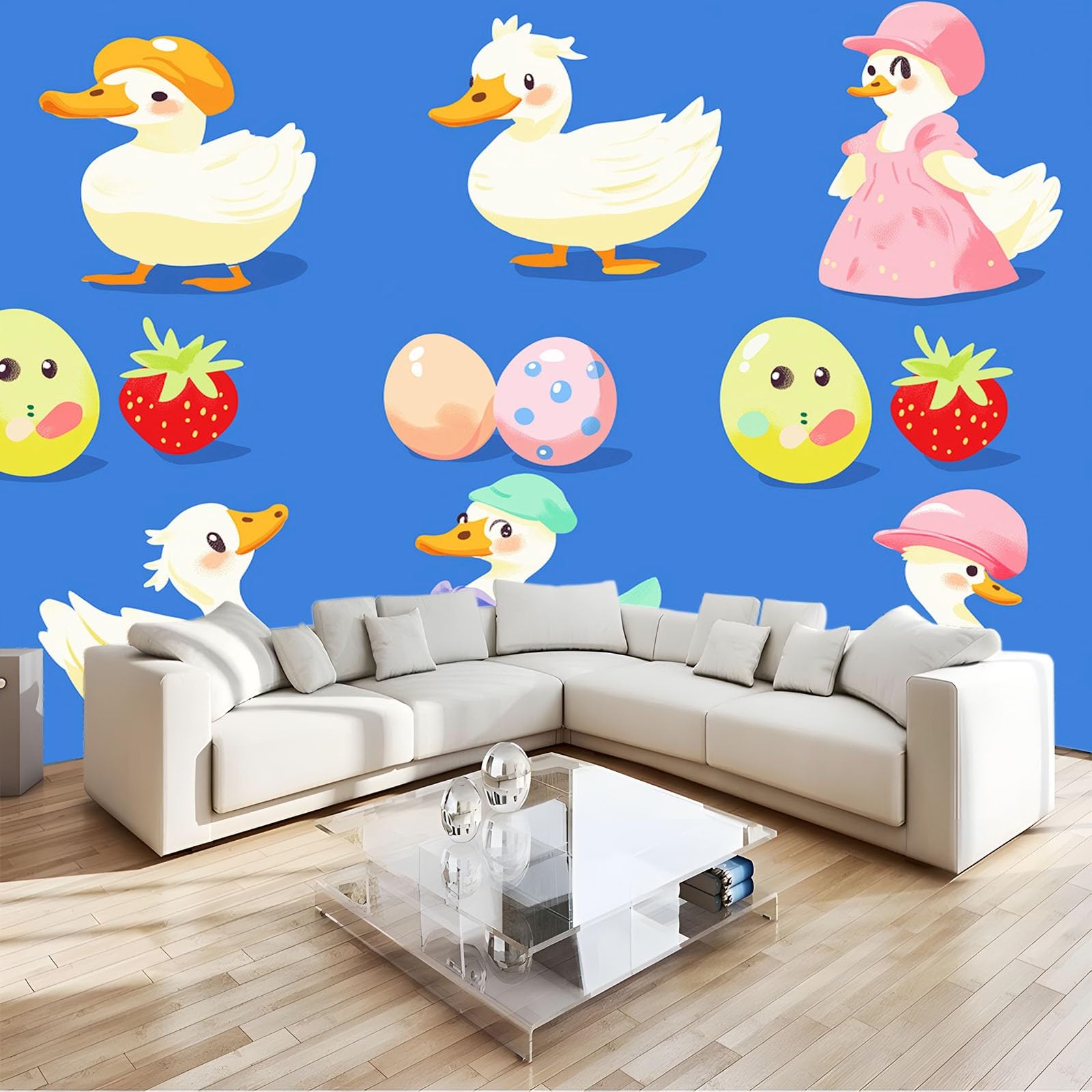 Papier Peint Panoramique 300x210 cm Lavable Grand Format Dessin Animé Canard Fraise