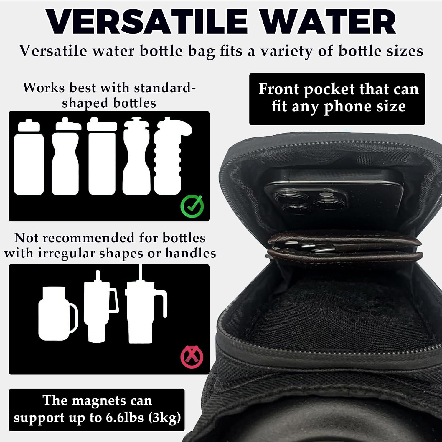 Magnetic Gym Bags for Men, Magnetic Gym Water Bottle Bag, 6 Built-in Magnets, Sports Water Bottle Holder for Men & Women, Comes with A Towel Clip, Crossbody Bag for Workouts, Trave