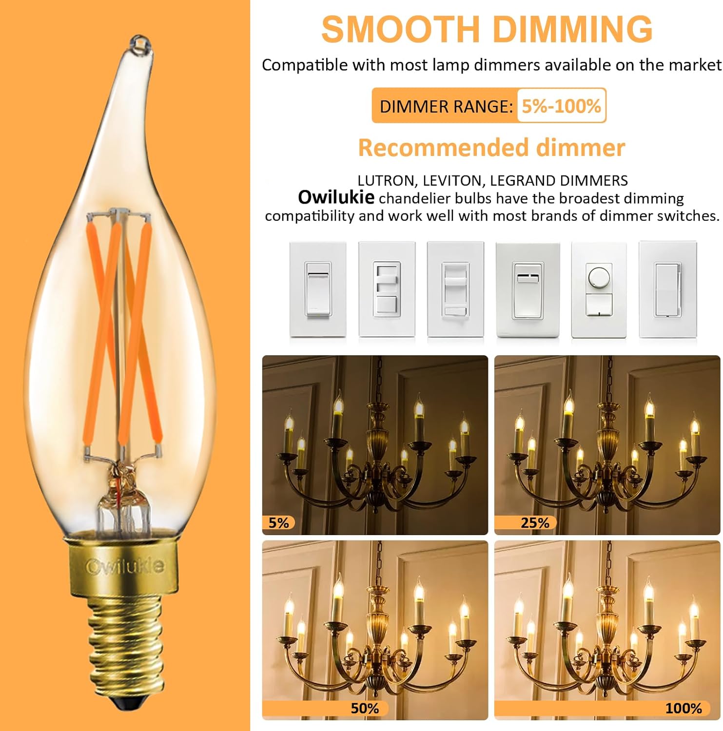 Chandelier Amber Light Bulbs 4W (40W Equivalent), Amber Candelabra Candle E12 LED Bulb Type B Soft Warm White Color 2200k,Dimmable for Dining Room,Light Fixture,Chandelier,6 Pack
