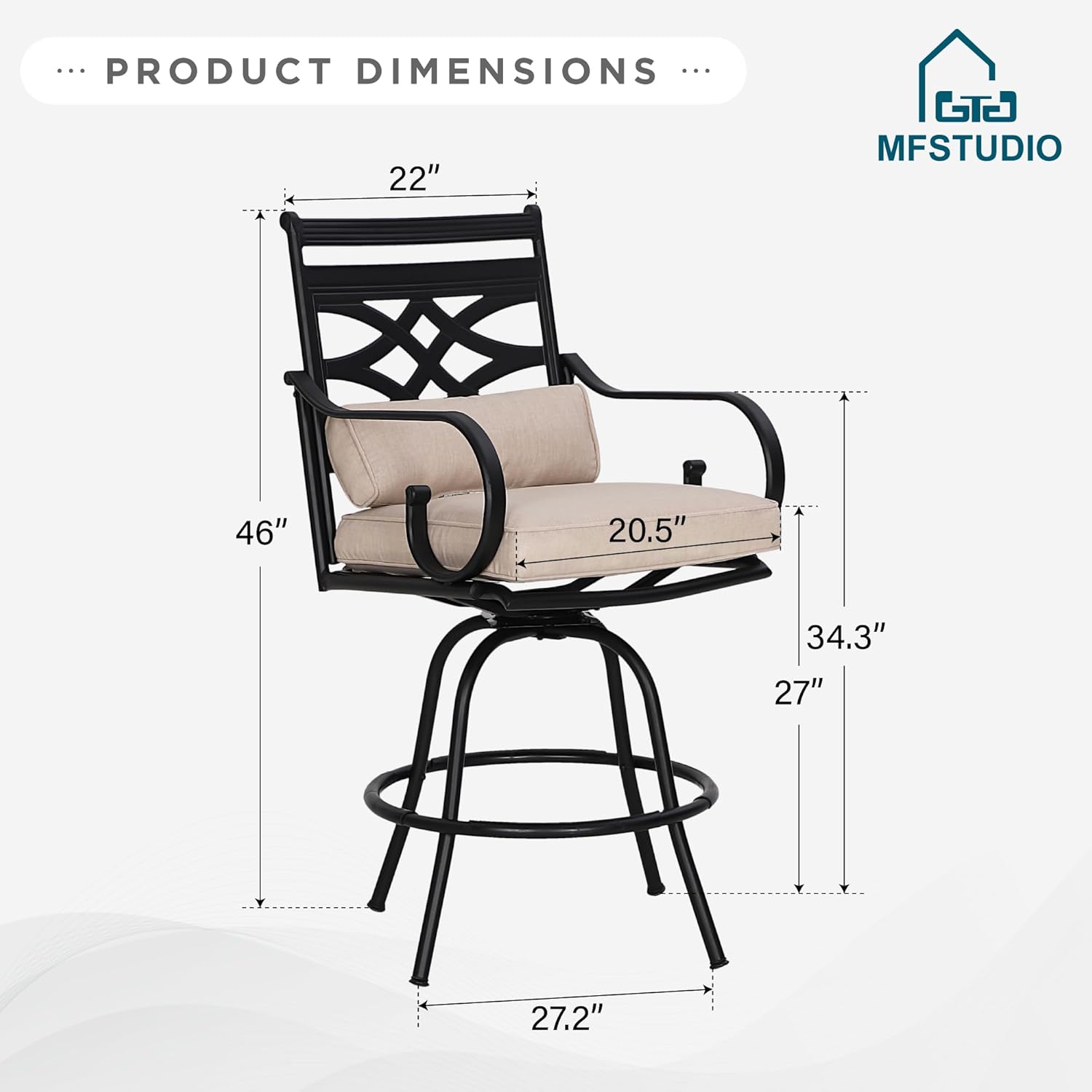 MFSTUDIO 2 PCS Outdoor Bar stools, 360° Swivel Bar Chairs, Counter Height Outdoor Barstools High Top Patio Chairs with Back Support Cushion, Black
