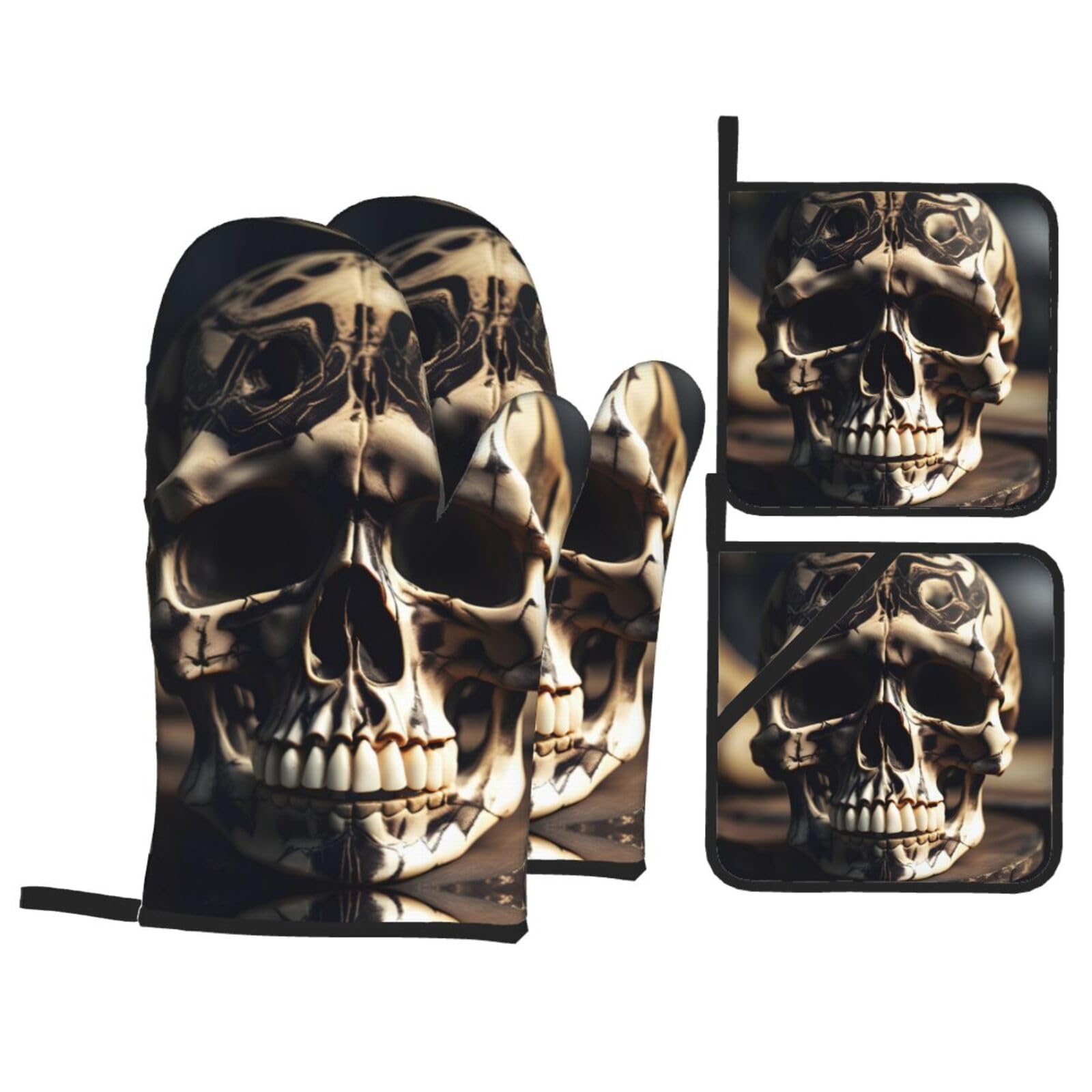 Nimongt Black Skull Rock Roll Skeleton Bone Print Heat-Resistant 4-Piece Oven Kitchen Gloves For Baking Cooking Microwaving Essentials