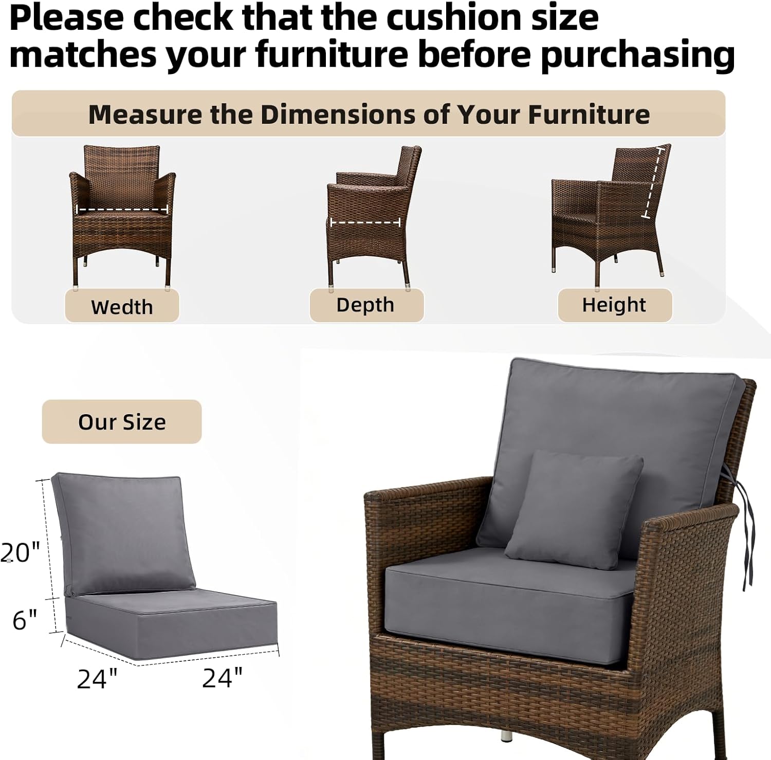 6 Inch Thick Outdoor Chair Cushions Set of 4, 24x24 Deep Seat Patio Cushions for Outdoor Furniture, Replacement Outdoor Seat Cushions with Back Cushions, Gray