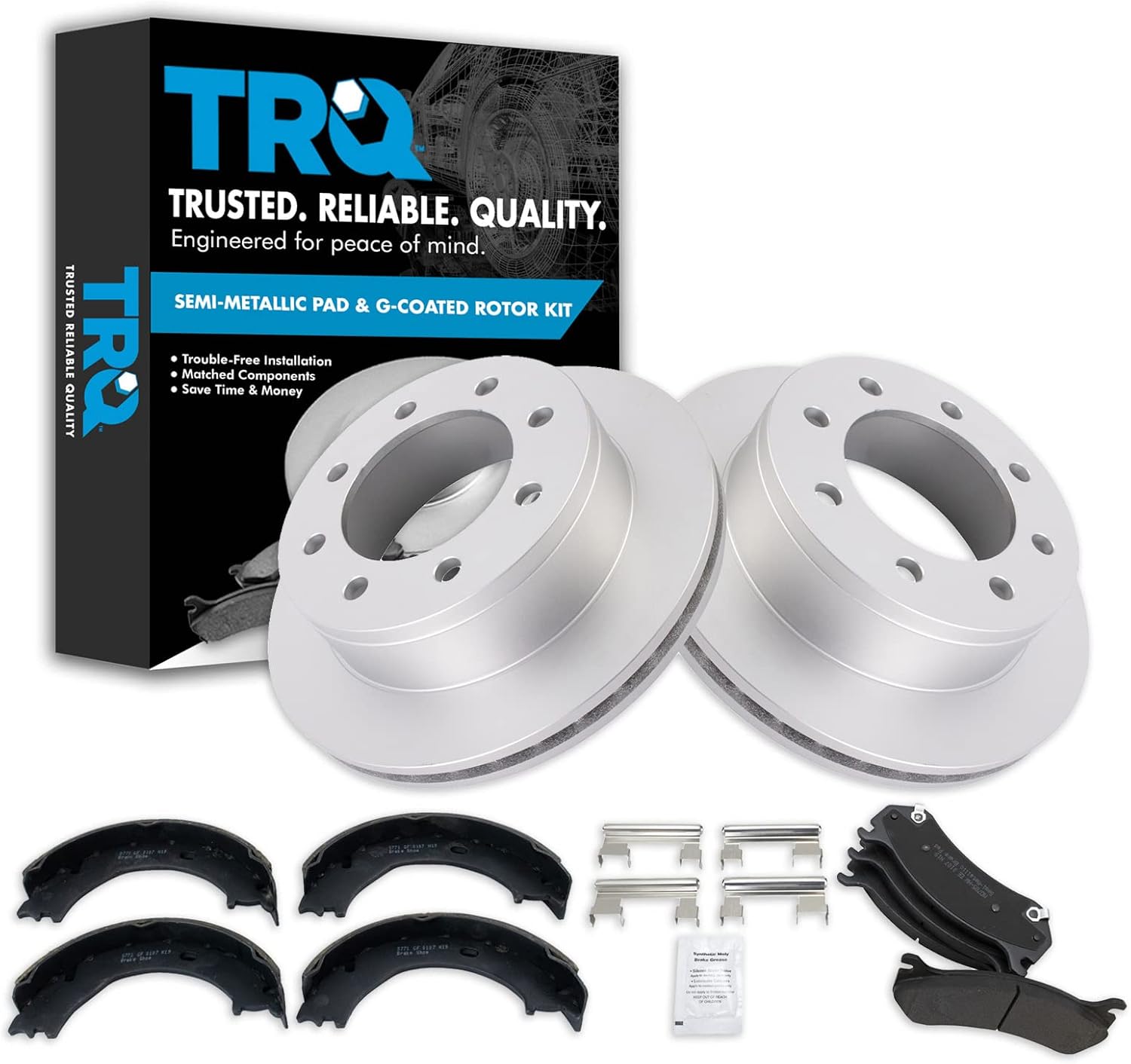 TRQ Rear Posi Metallic Disc Brake Pad & Coated Rotor with Parking Shoe Compatible with GM