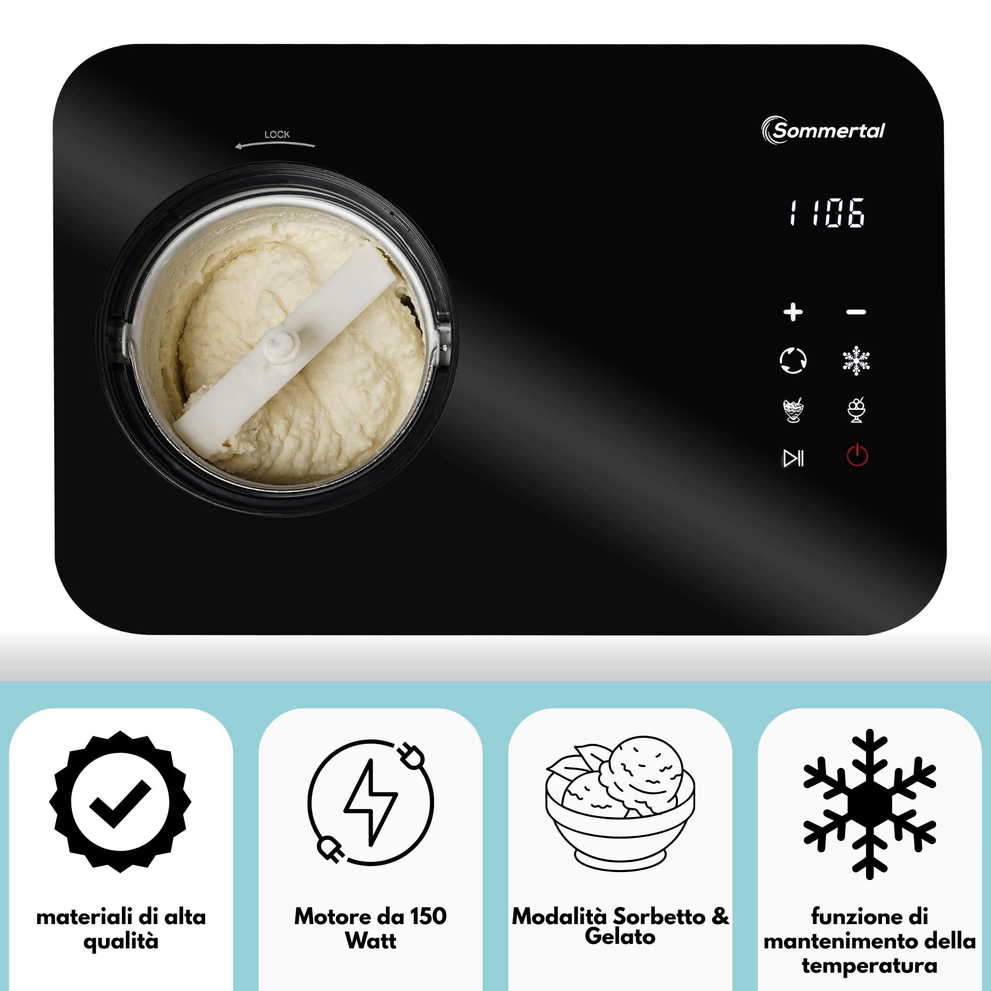 Sommertal ICE1500 - Macchina per gelato 3 in 1, yogurt gelato e sorbetto, macchina per gelato in acciaio inox con funzione di mantenimento del freddo, 1,5 l, 150 W con compressore