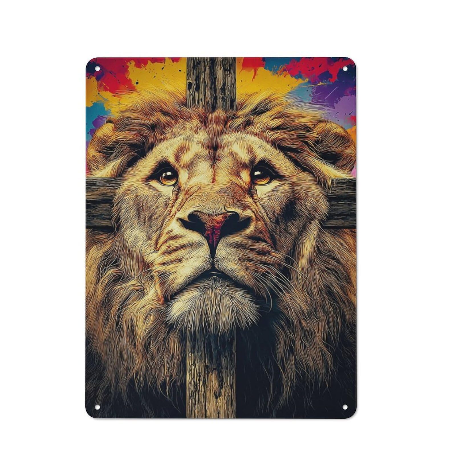 Industrial Decorative Metal Plaque 40x30cm Featuring Lion's Cross Artistic Fusion, Urban Room Decor for Flat, Bar, Studio Or Gallery Wall
