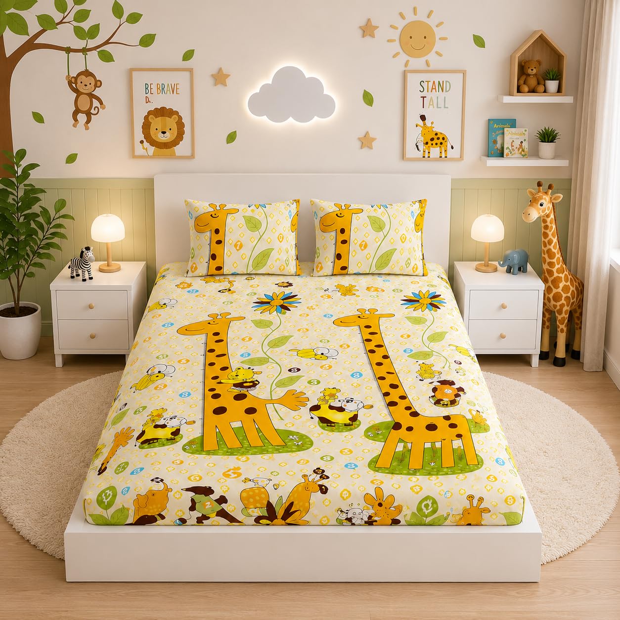 Filymore Kids Giraffe Bedsheet Made with Microfiber 240 TC Wrinkle Free Soft Hypoallergenic | Cartoon Printed Double Bed Sheet Size for Kids Room (90x90 Inches/Boys Girls Room)(Cream)
