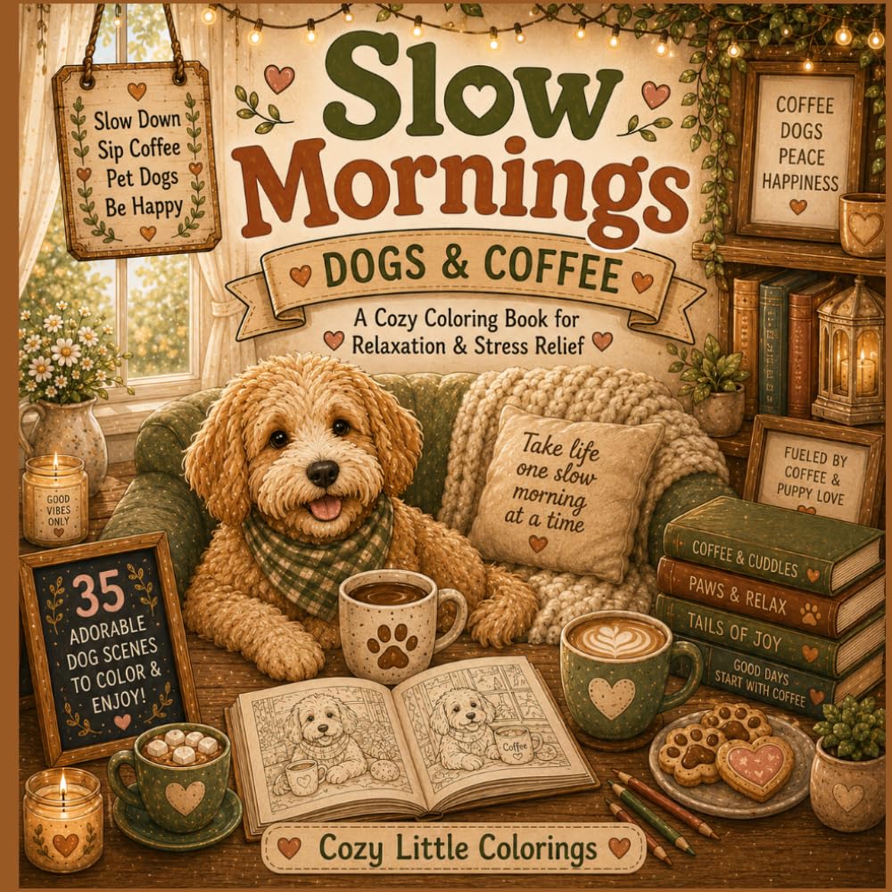 Slow Mornings | Dogs & Coffee: A Cozy Coloring Book for Relaxation & Stress Relief