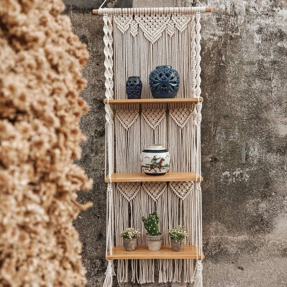 Jevina Boho Makramee Wandbehang Regal 3 Tier Handgefertigte Gewebte Quaste Organizer Regale Wand Schwimmende KleiderbüGel für Wohnkultur
