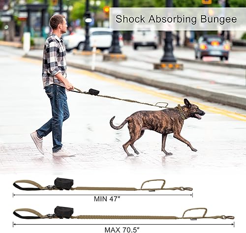 Miniatura 6 de Juego de collar y correa táctica para perro collar de perro de nailon ajustable con asa que absorbe los golpes, correa retráctil fuerte para perros