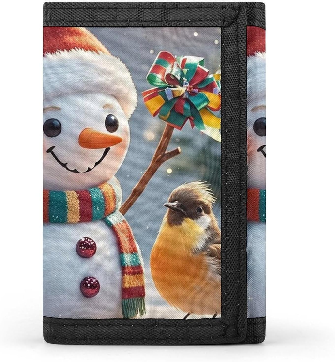 Trifold Canvas Wallet with Keychain, Modern Fashion Credit Card Holder Wallet for Men Women, Merry Christmas Snow Man And Birds Slim Wallets W/Zipper Coin Pocket, Novelty Birthday Gift