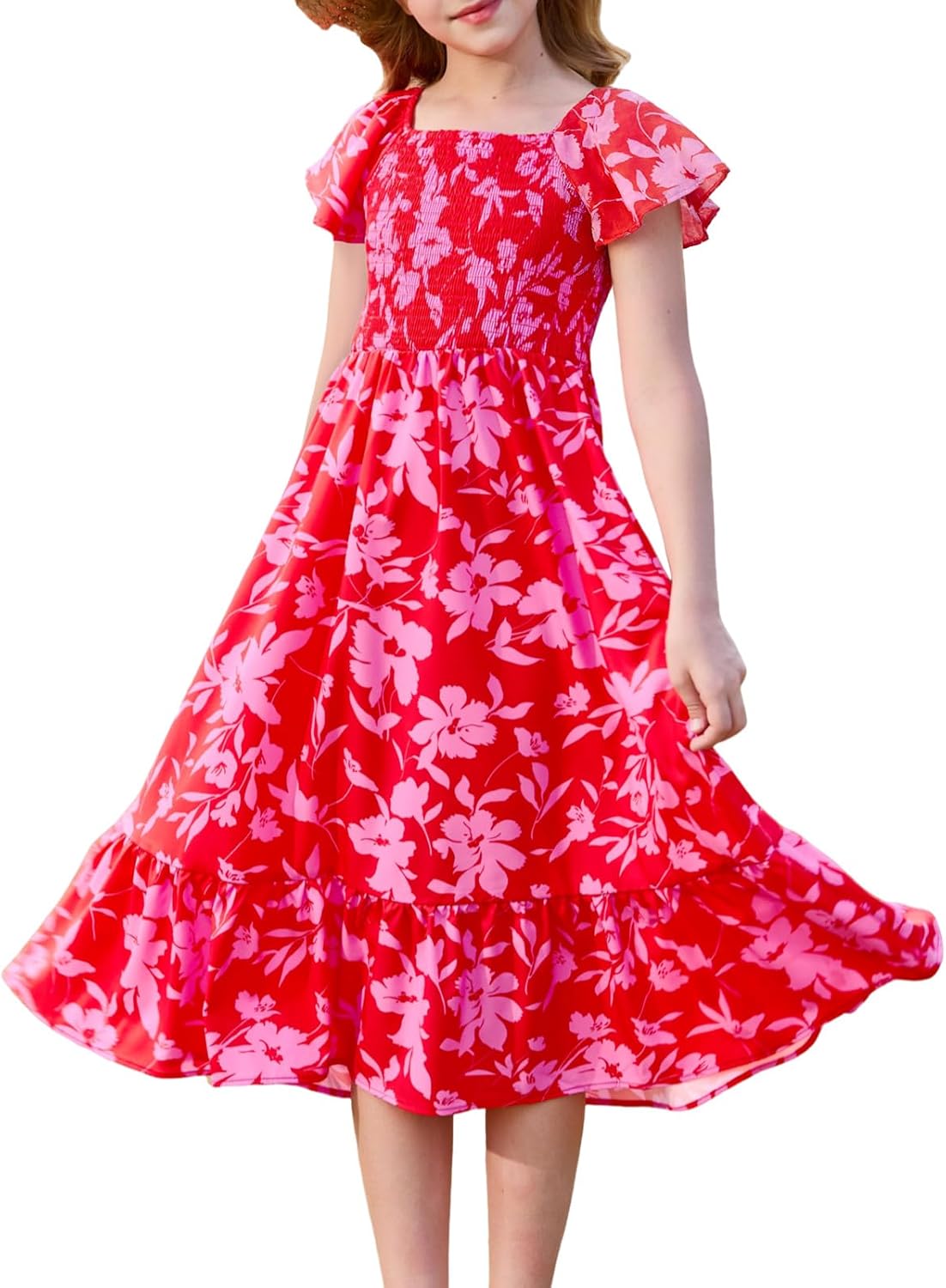 Haloumoning Girls Summer Dress Kids Square Neck Ruffle Sleeve Smocked Midi Dresses with Pockets 5-14 Years