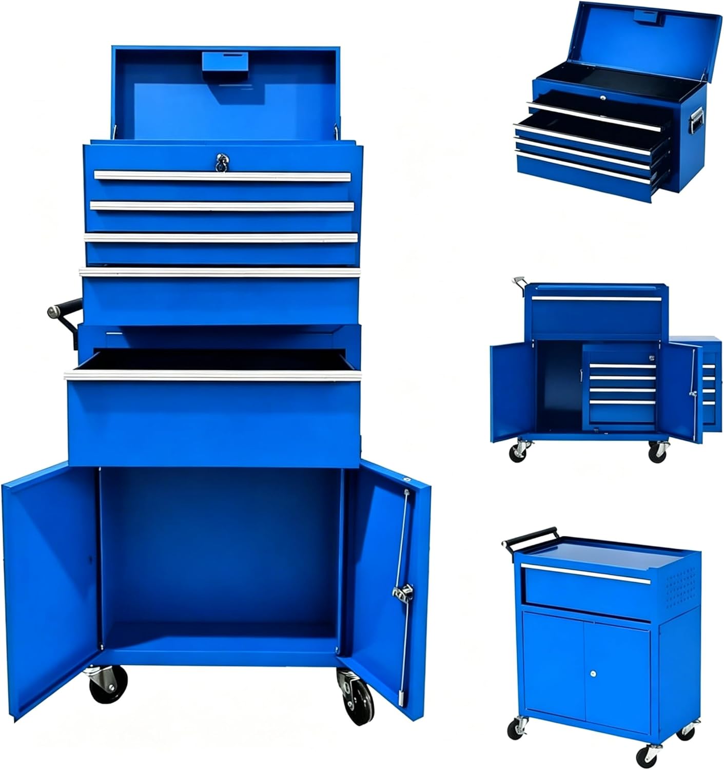 Heavy Duty 5 Drawer Tool Chest, Rolling Tool Box Cabinet on Wheels, 2-in-1 Detachable Metal Tool Storage Organizer for Garage and Workshop, Locking Steel Tool Cart with Portable Top Tool Box，Blue