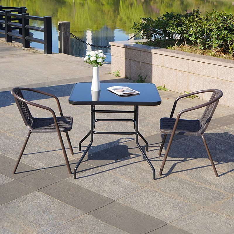The Fellie Garden Furniture Set Outdoor Dining Table and Chairs Patio Tempered Glass Table Top with Umbrella Hole Wicker Stacking Chairs Seat(80cm Square Table+2PC Chair)