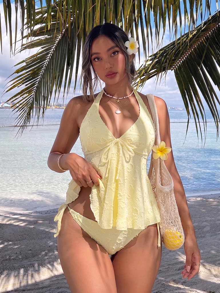 SISKIN Women Two Piece Tankini Textured Polka Dot Halter Cute Ruffle Hem Bottom Wireless Bathing Suit for Beach Vacation