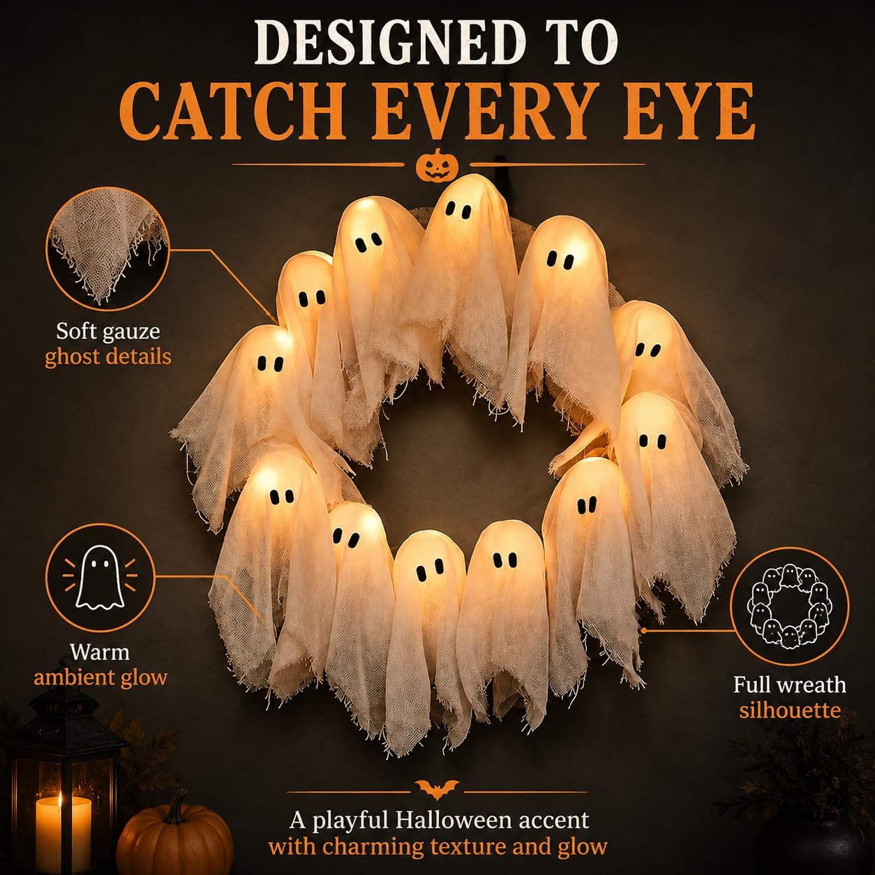 LED Light Up Halloween Ghost Wreath for Front Door, Cute Spooky Party Decor