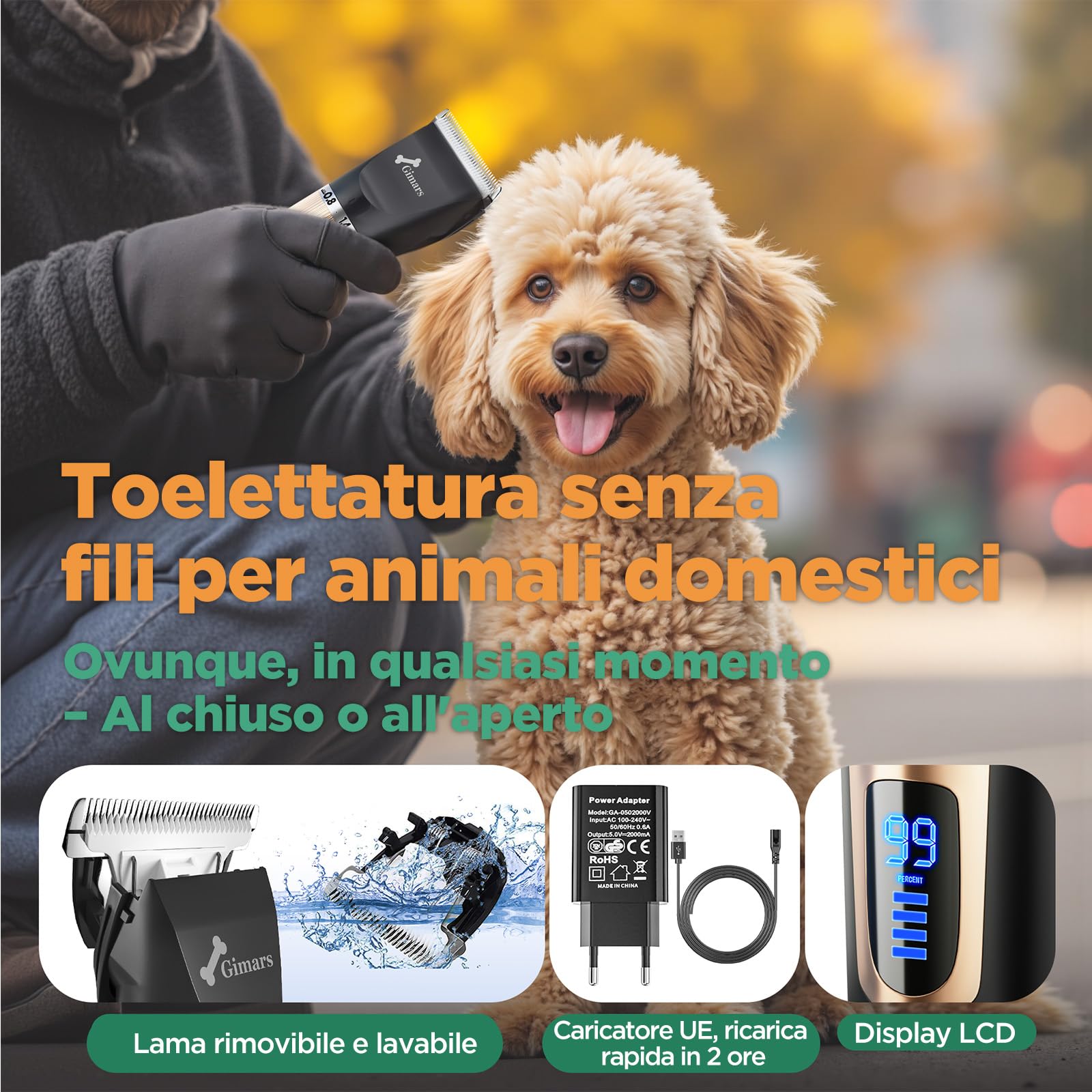 Gimars Silenzioso Tosatrice per Cani Professionale, Impermeabile IPX7 Rasoio per Cani Pelo Lungo, Macchinetta per Gatti, Dorata