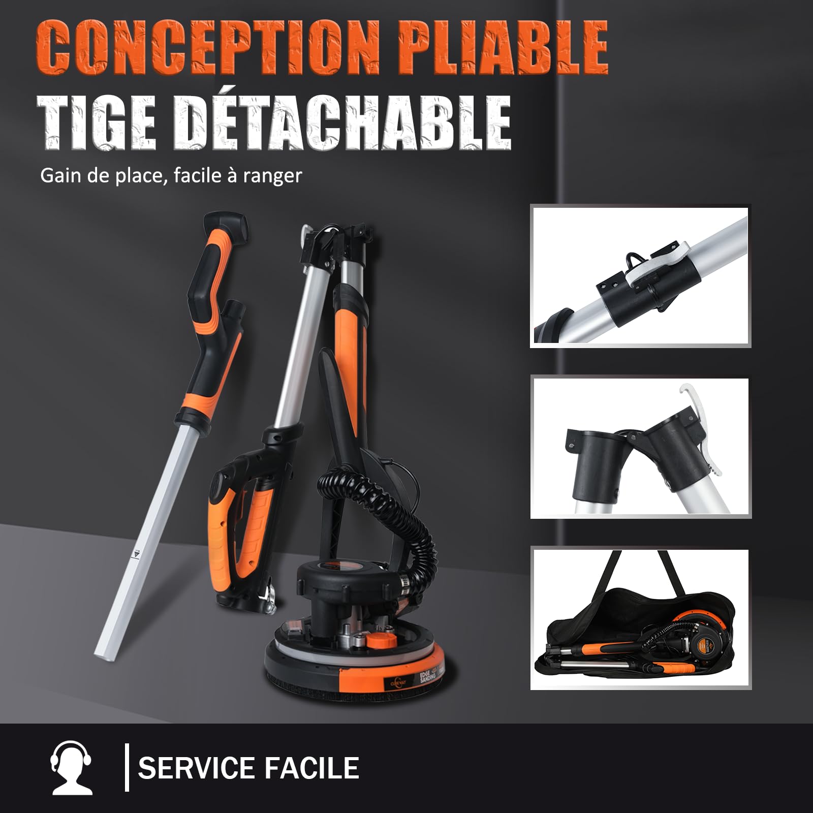 Ponceuse Girafe avec Système d'aspiration Automatique, 750W Professional Ponceuse Plaquiste, 7 vitesses(900-1800rpm),Ponceuse Murale Électrique Pliable, avec lumière LED
