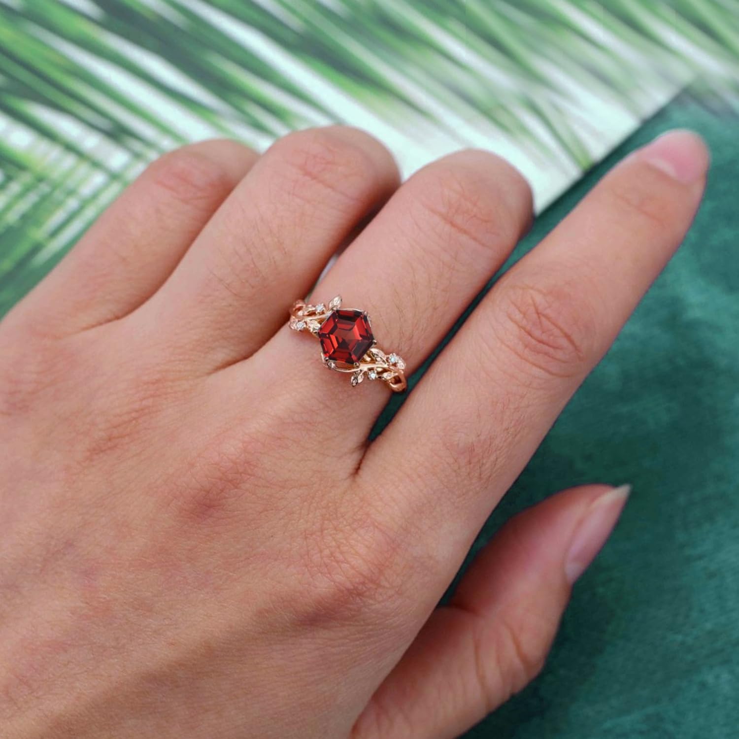 10K/14K/18K Gold 1 Carat Hexagon Gemstone Vintage Engagement Ring for Women,Nature Inspired Birthstone Leaf Vine Wedding Promise Anniversary Rings for Her Wife Bridal Size 4~12 - Image 3