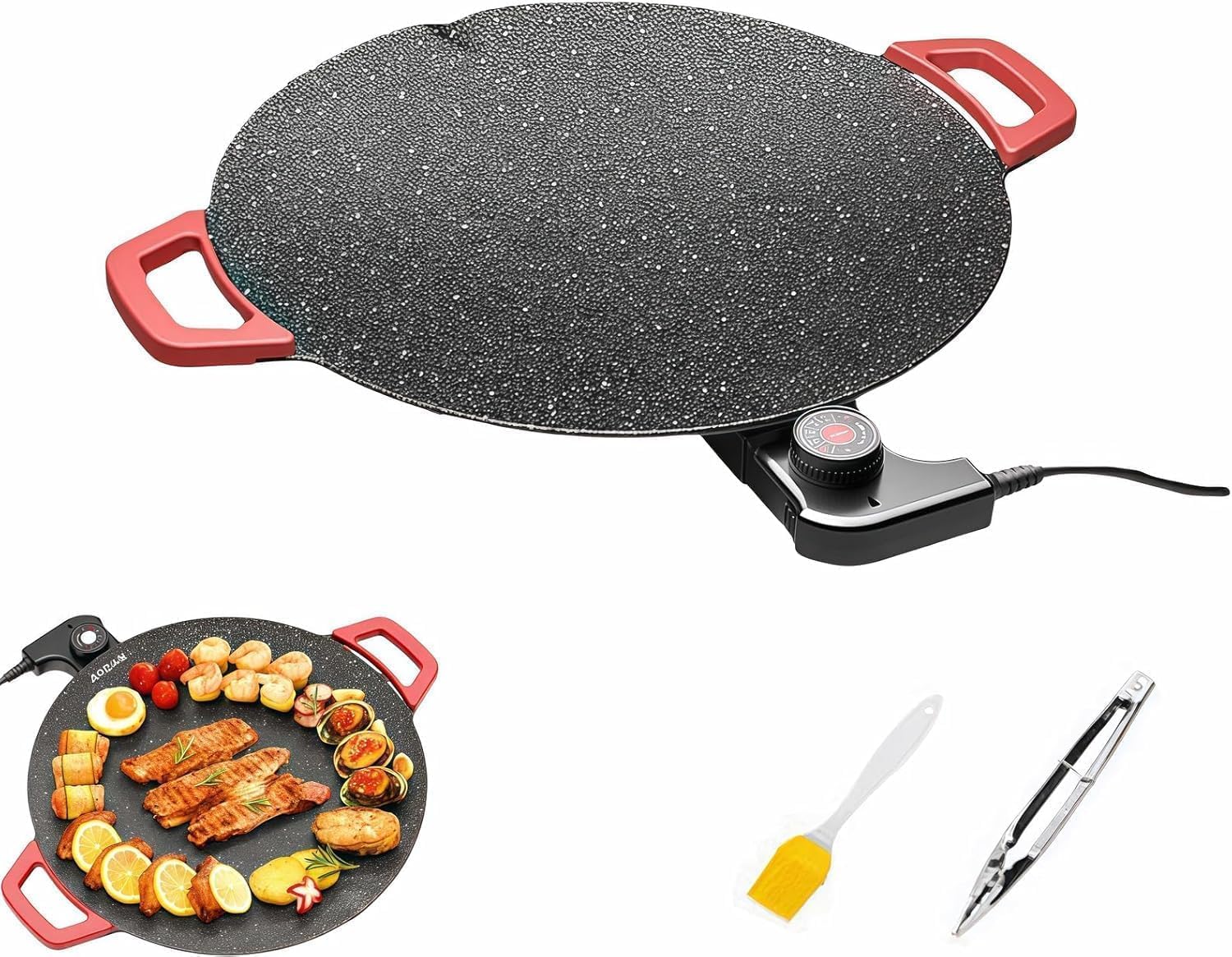 Generic 1500W Portable Electric Korean BBQ Grill, 16 Inch Non-Stick Smokeless Comal (Comal Electrico) for Tortillas, Pancakes & Indoor BBQ, with Oil Brush & Tongs. (40cm)
