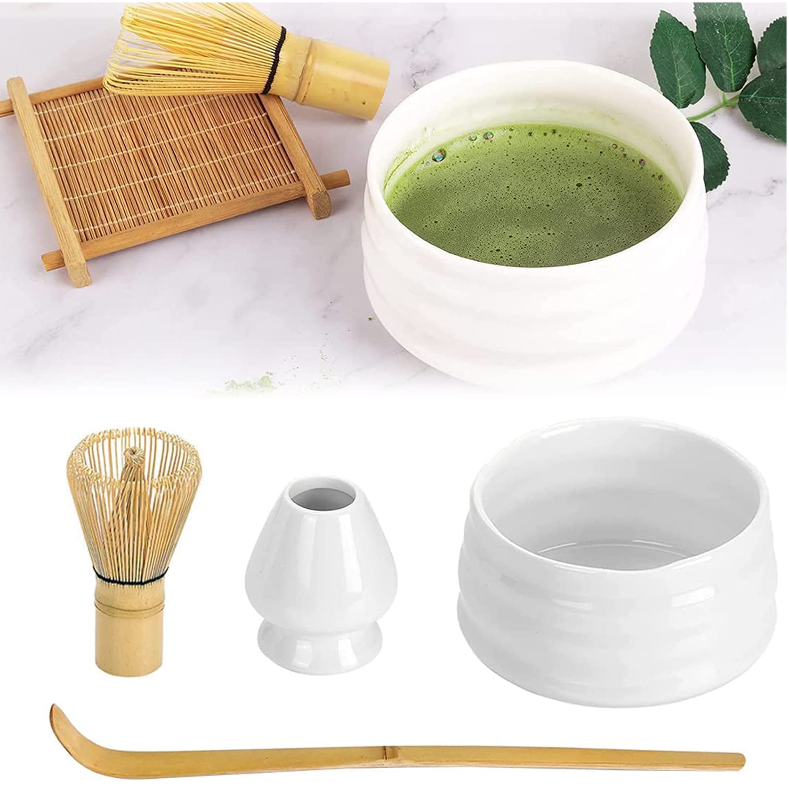 U-HOOME Matcha Whisk Set, 4pcs Japanese Tea Set,Matcha Whisk,Traditional Scoop, Matcha Bowl, Ceramic Whisk Holder,Traditional Matcha Tool Set for Matcha Tea Ceremony (White)