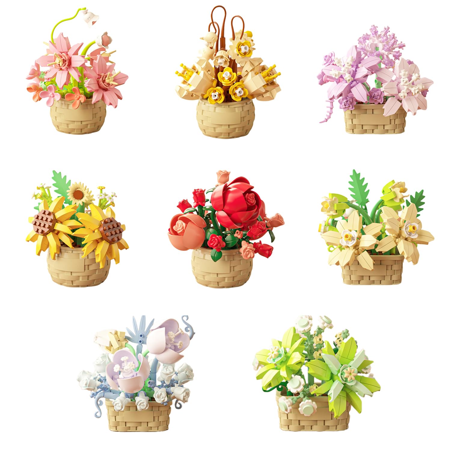 Aningde 8 Flowers 1360Pcs Botanical Flower Micro Building Bricks Model Kit for Adults – Roses Design for Home Decor – Ages 14+