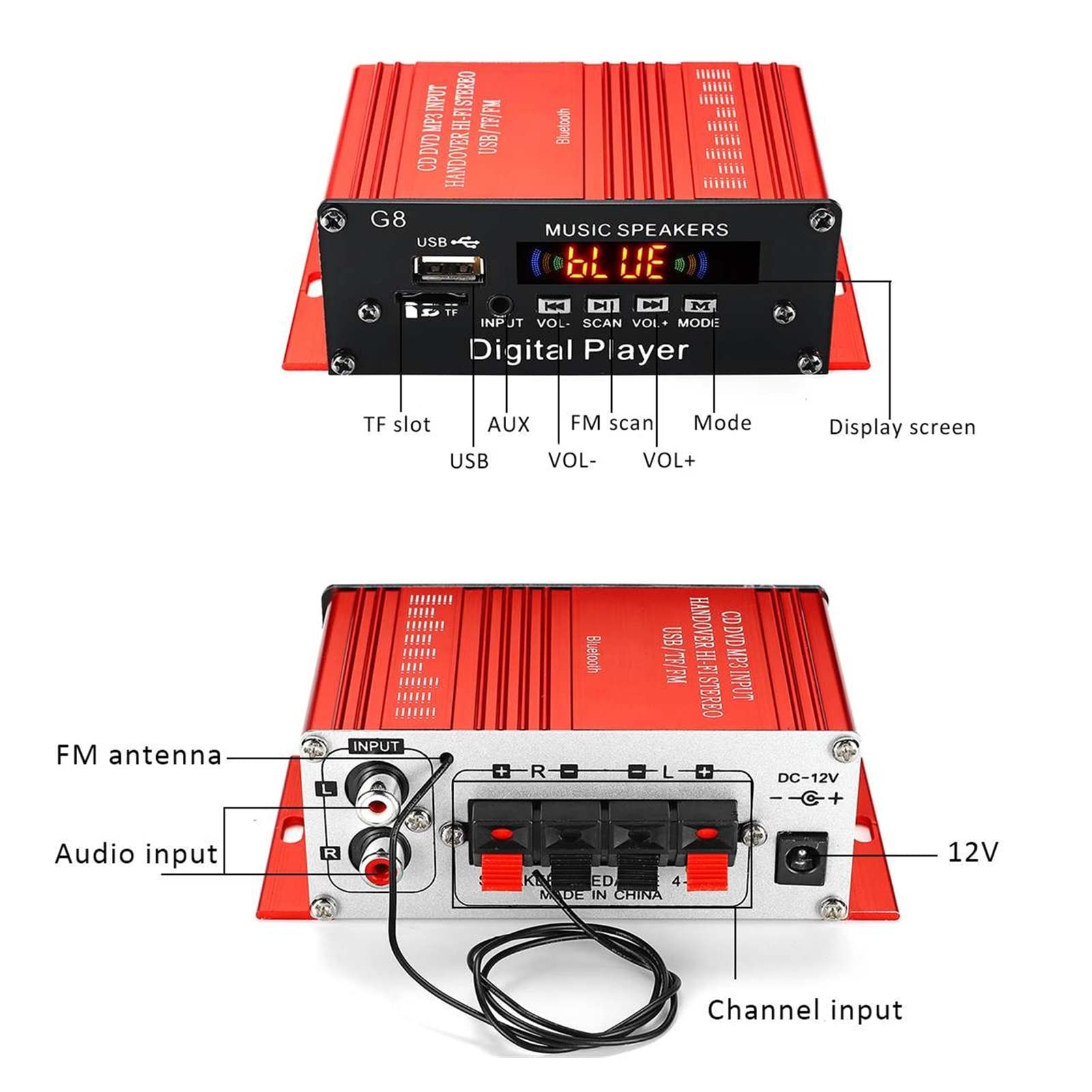 Amplificador de Sistemas de Audio G8 200W 12V AUTHIFIFICADOR DE Audio DE Coche DE Alta FIDELIDAD Amplificador de energía de Audio Bluetooth Home Estéreo Amplificadores FM Radio 2CH USB TF AUX