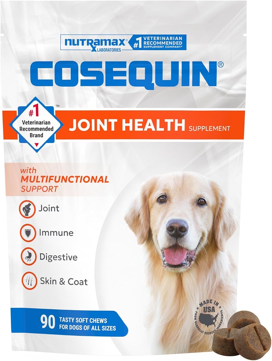 Nutramax Cosequin Suplemento de apoyo 4 en 1 para perros, masticables suaves, 90 unidades | Soporte 4 en 1 para perros de todas las edades y tamaños, desde cachorros hasta adultos mayores, soporte para la salud de las articulaciones, el sistema inmunológico, el sistema digestivo y la piel y el pelaje