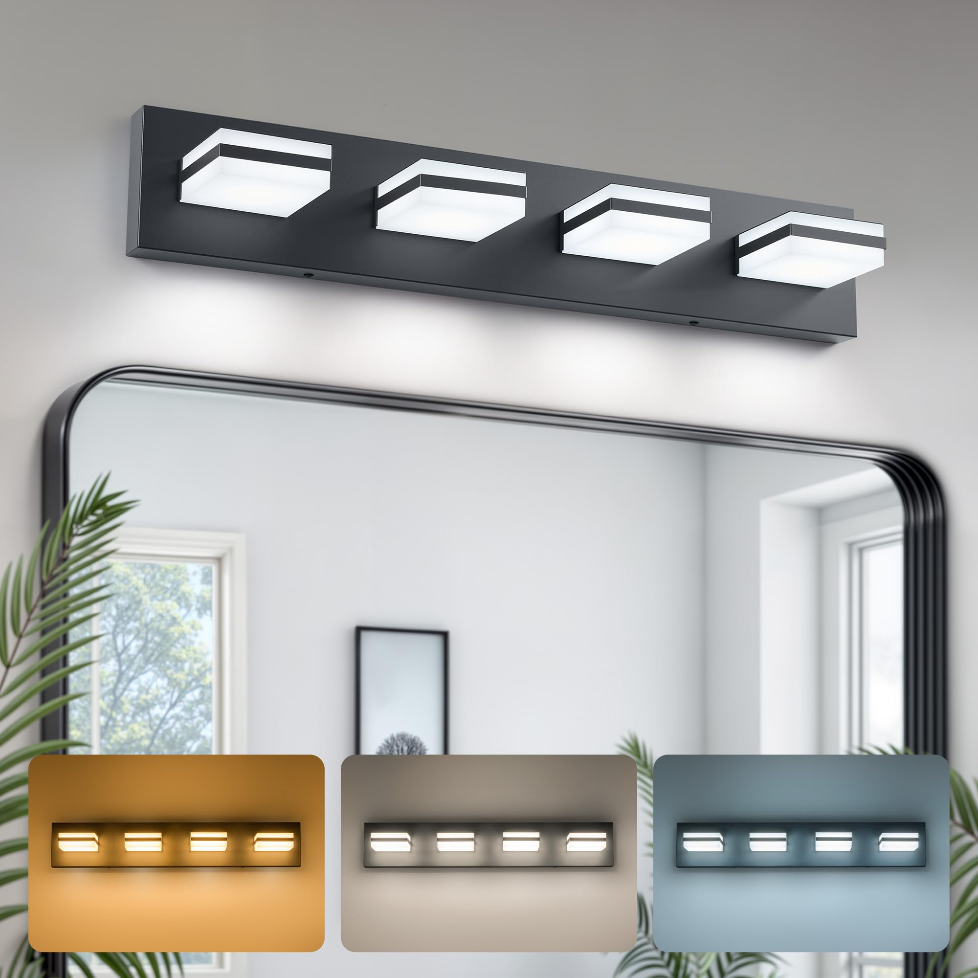 vonluce bathroom vanity light fixture, 4-light modern led vanity light, 3cct adjustable bathroom lights with memory function rotatable shades, 26" wall lighting fixture over mirror, matte black