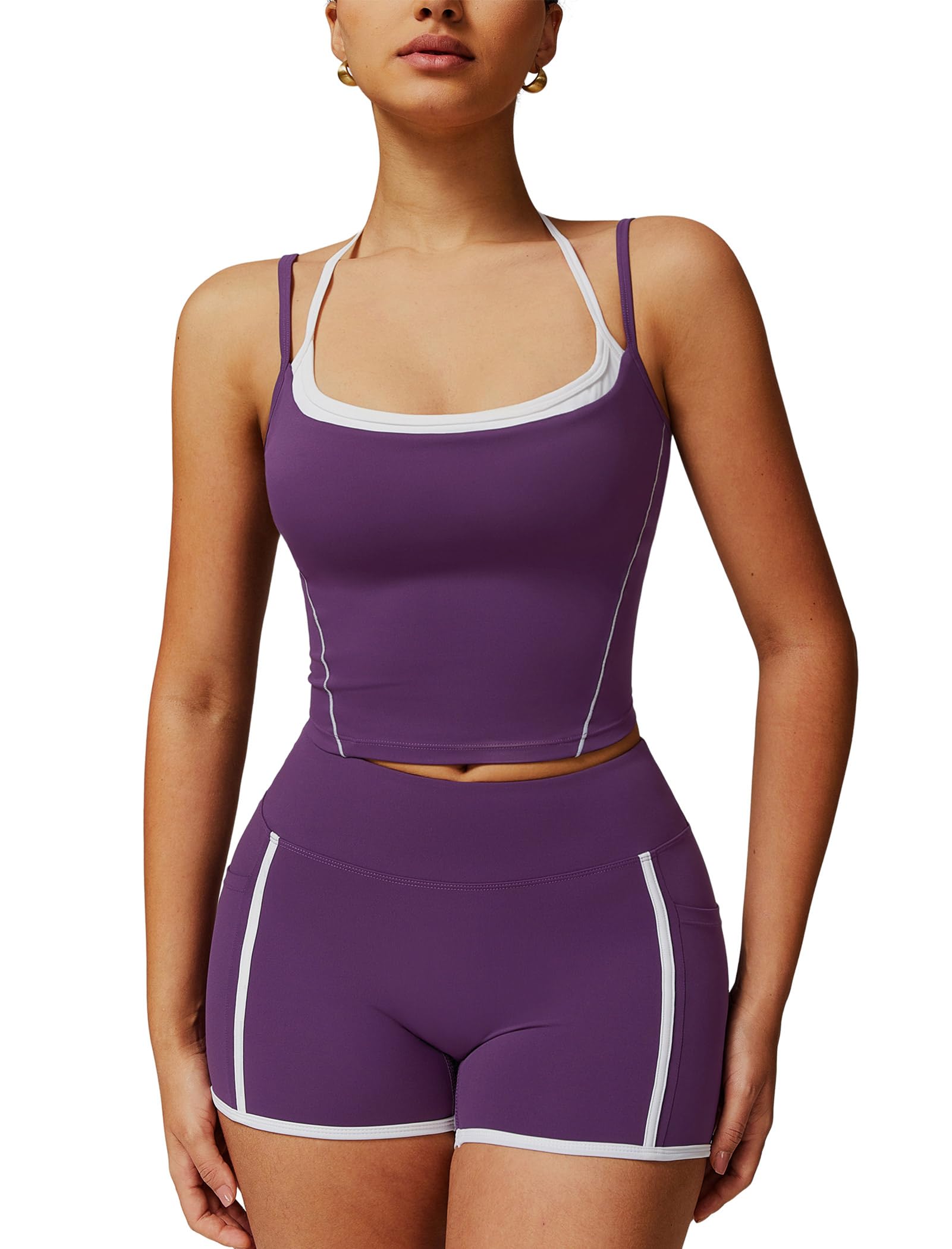 IDOPIP Conjunto deportivo de mujer de dos piezas para fitness: set de gimnasio con sujetador acolchado y leggings cortos con bolsillos – Ropa deportiva de verano para yoga, pilates y entrenamiento