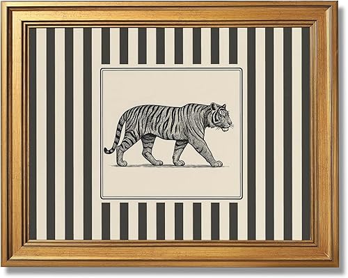Arte de pared de tigre vintage enmarcado en blanco y negro, póster retro de animales salvajes, selva grande, gato, vida silvestre, impresión en
