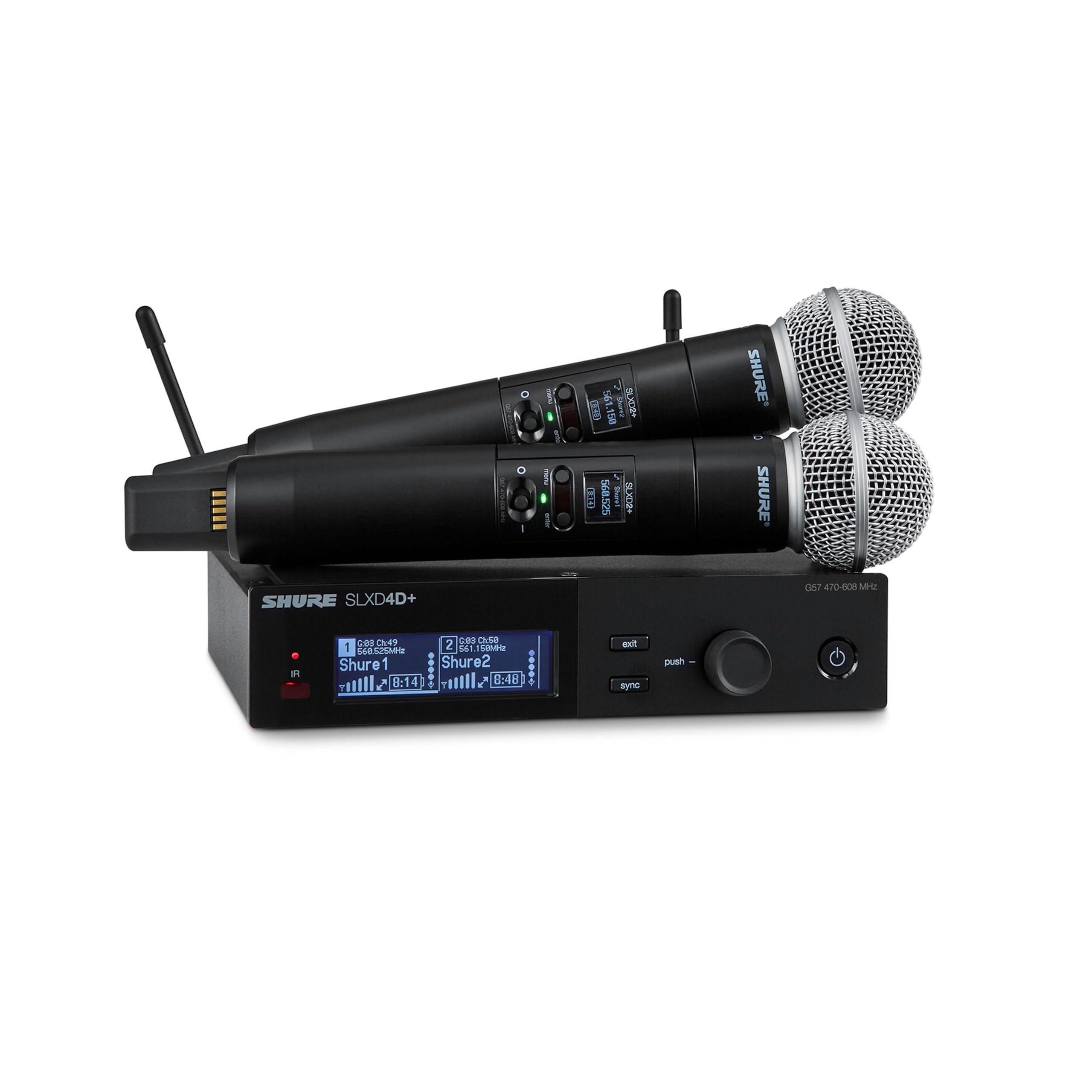 Shure SLXD24D+/58 Dual Handheld Wireless System - Includes SLXD4D+ Dual Receiver, 2 SLXD2+ Handhelds with SM58 Capsule, Bluetooth Monitoring, G57 Band