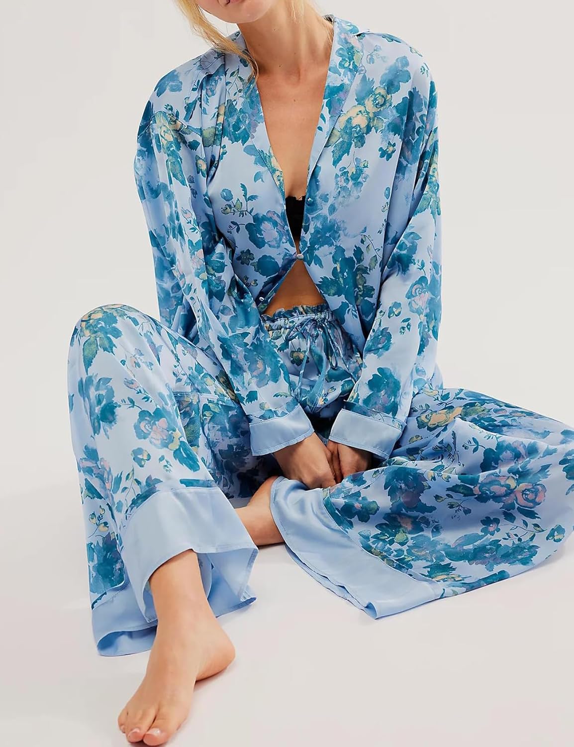 Yimoon Womens Satin Pajama Set Floral Silk Pajamas 2 Piece Cute Long Sleeve Button Down Pjs Sleepwear Lounge Set - Image 4