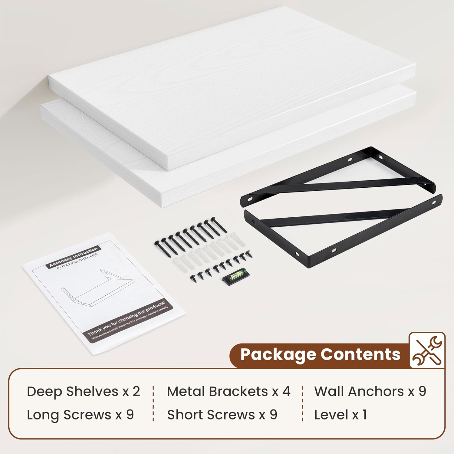 Deep Wall Shelves 16"W x 12"D Engineered Wood Floating Shelves for Wall, Sturdy Metal Bracket Bookshelves Home Decor Storage for Living Room Bedroom Bathroom Kitchen, Set of 2, White Finish