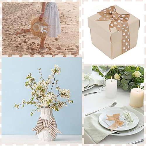 Miniatura 9 de Kit de cinta de corona (4 rollos x 20 yardas)  Poliéster con alambre de 2.5 pulgadas  Rayas de granja, cuadros clásicos y puntos  Sin