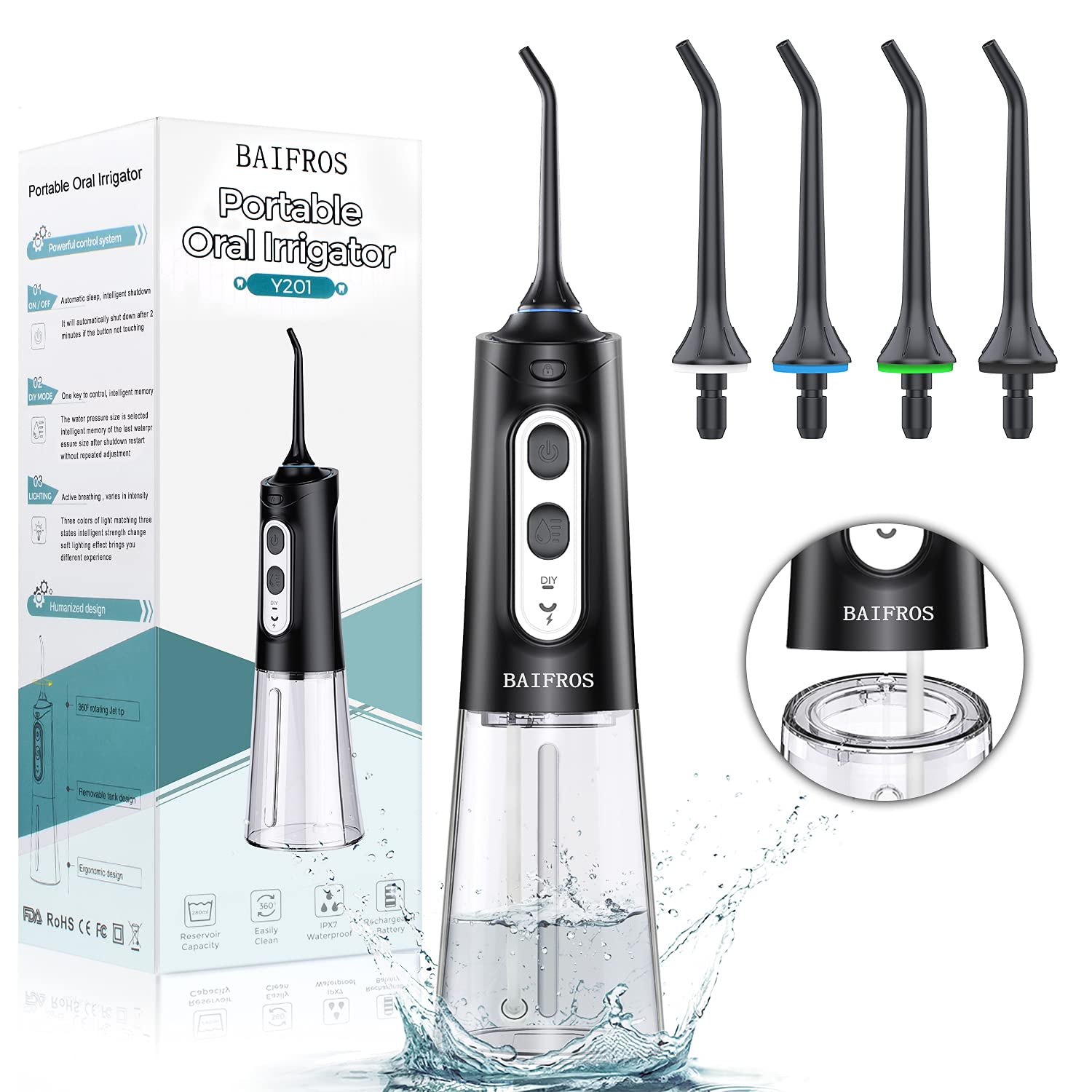 Cordless Water Dental Flosser for Teeth, BAIFROS Portable Rechargeable Teeth Cleaner with DIY Mode RGB Light, 4 Jet Tips IPX7 Waterproof Dental Oral Irrigator for Home&Travel