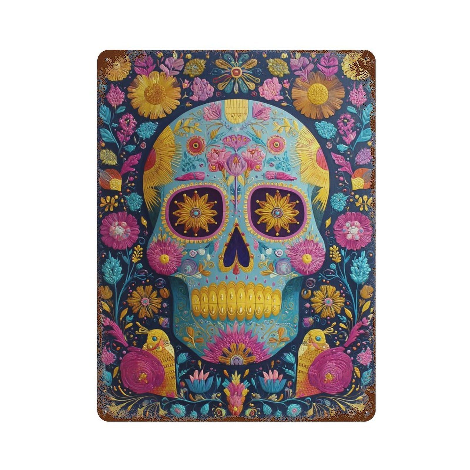 Rusty Metal Tin Sign Colorful Sugar Skull Art Print-1 15.7"x11.8", Vintage Wall Decor for Shed, Workshop And Garage Wall Decor