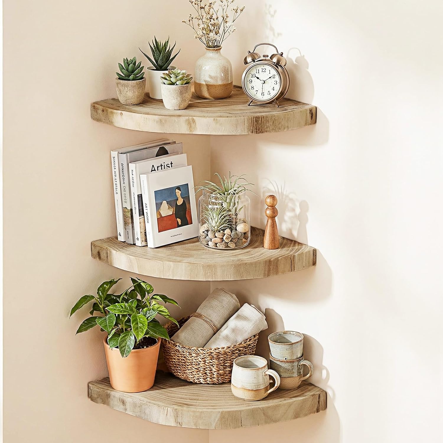 Corner Floating Shelves for Wall Set of 3, Solid Wood 7 Inch Rounded Corner Shelves Wall Mounted Natural Solid Elm Wood Shelf, Wooden Hanging Shelf for Bedroom, Rustic Style for Decor