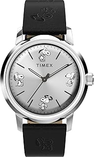 Timex Men\'s Peanuts Automatic 40 mm Watch - Black Leather Two-Piece Quick Release Strap Silver-Tone Dial Stainless Steel Case TW2W54000