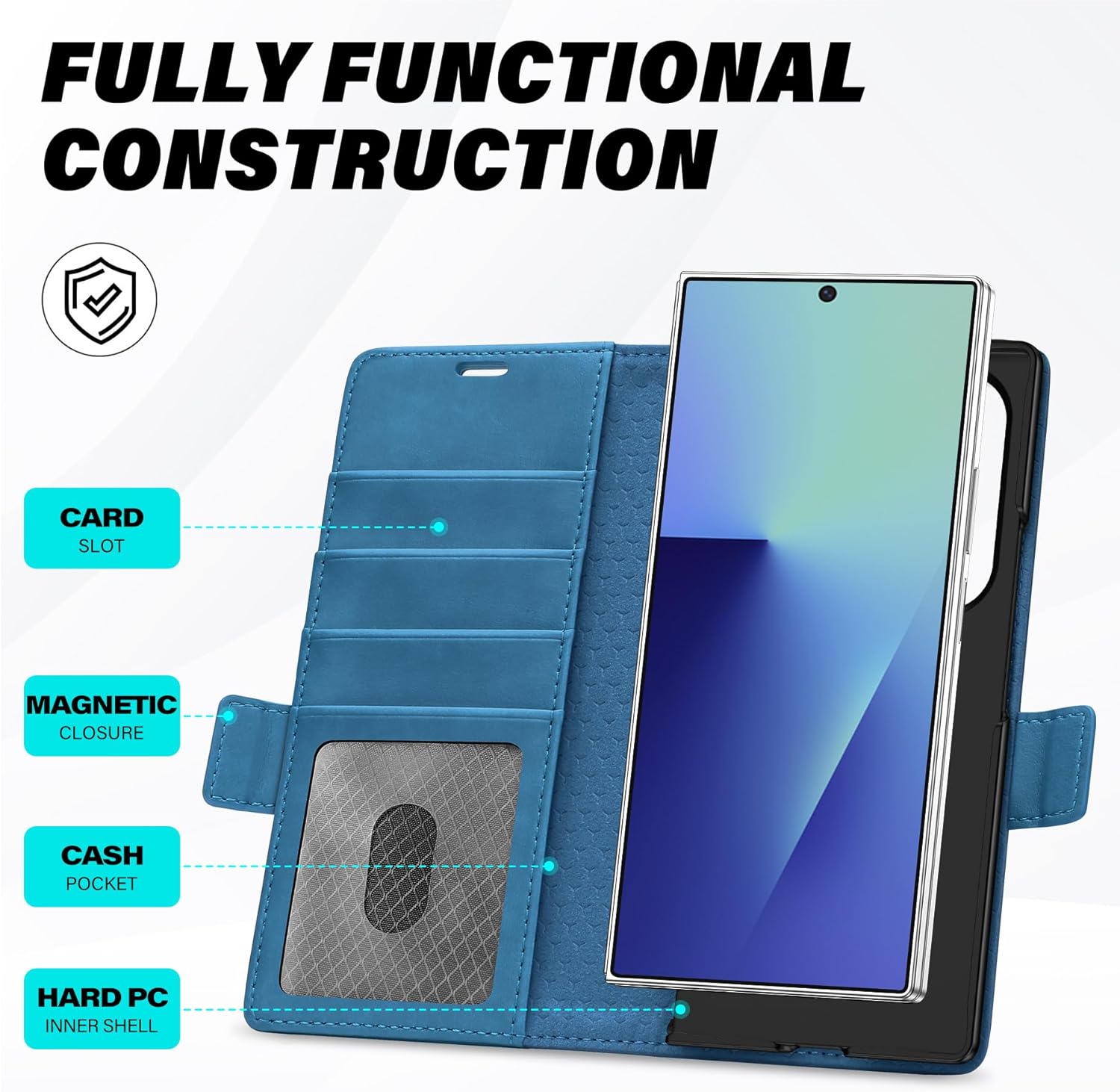 TUCCH Compatible with Galaxy Z Fold7 Wallet Case, PU Leather Flip Folio, 4 Card Slots, RFID Blocking, Kickstand, PC Shell Magnetic Phone Cover for Galaxy Z Fold 7 (8.0") 2025, Light Blue