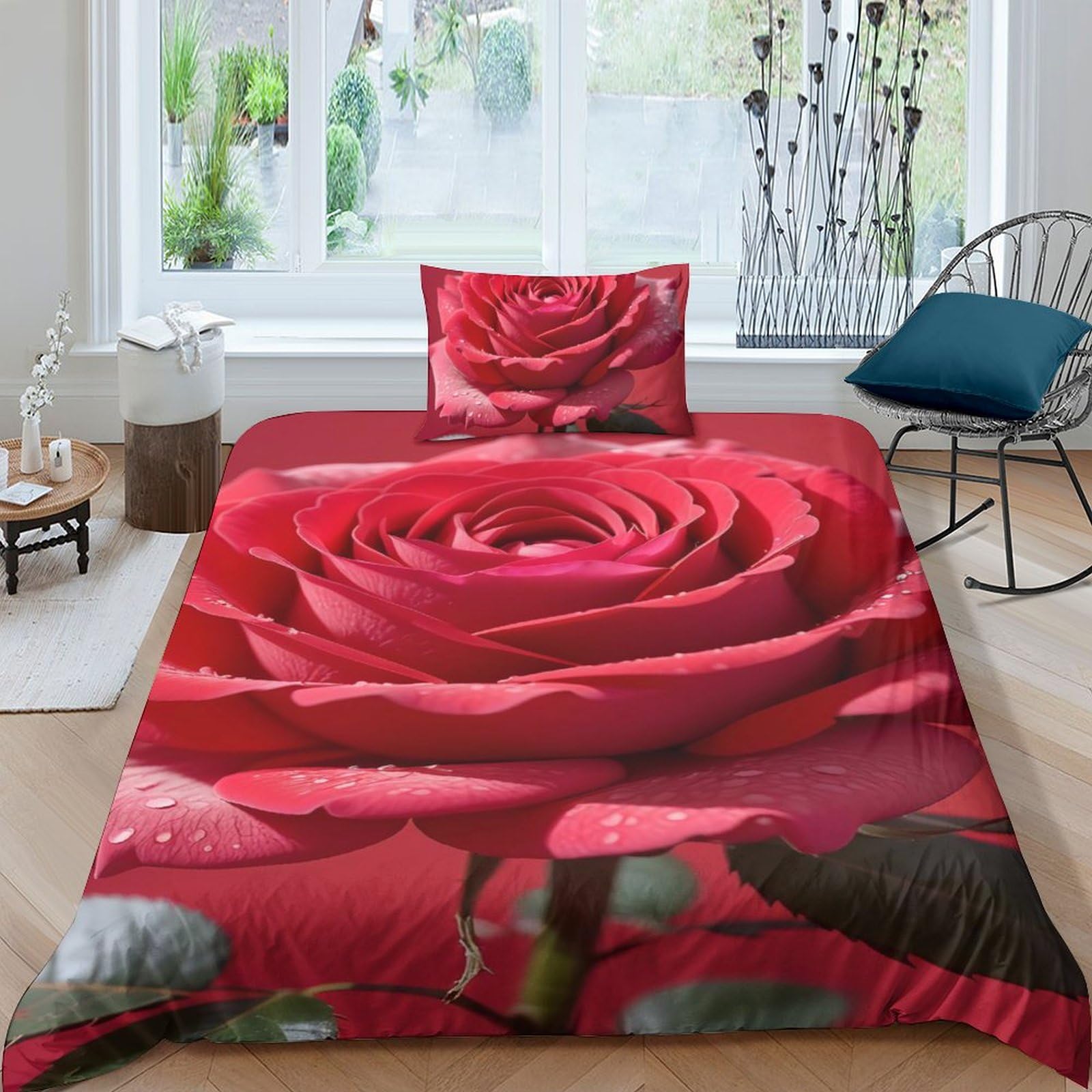 Parure de lit roses rouges 3D : cadeau de Saint-Valentin romantique pour chambre adulte 135x200cm