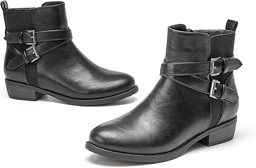 VJH confort Botines para mujer, punta redonda, tacón bajo, cómodos, elásticos, con correa de hebilla y cremallera lateral